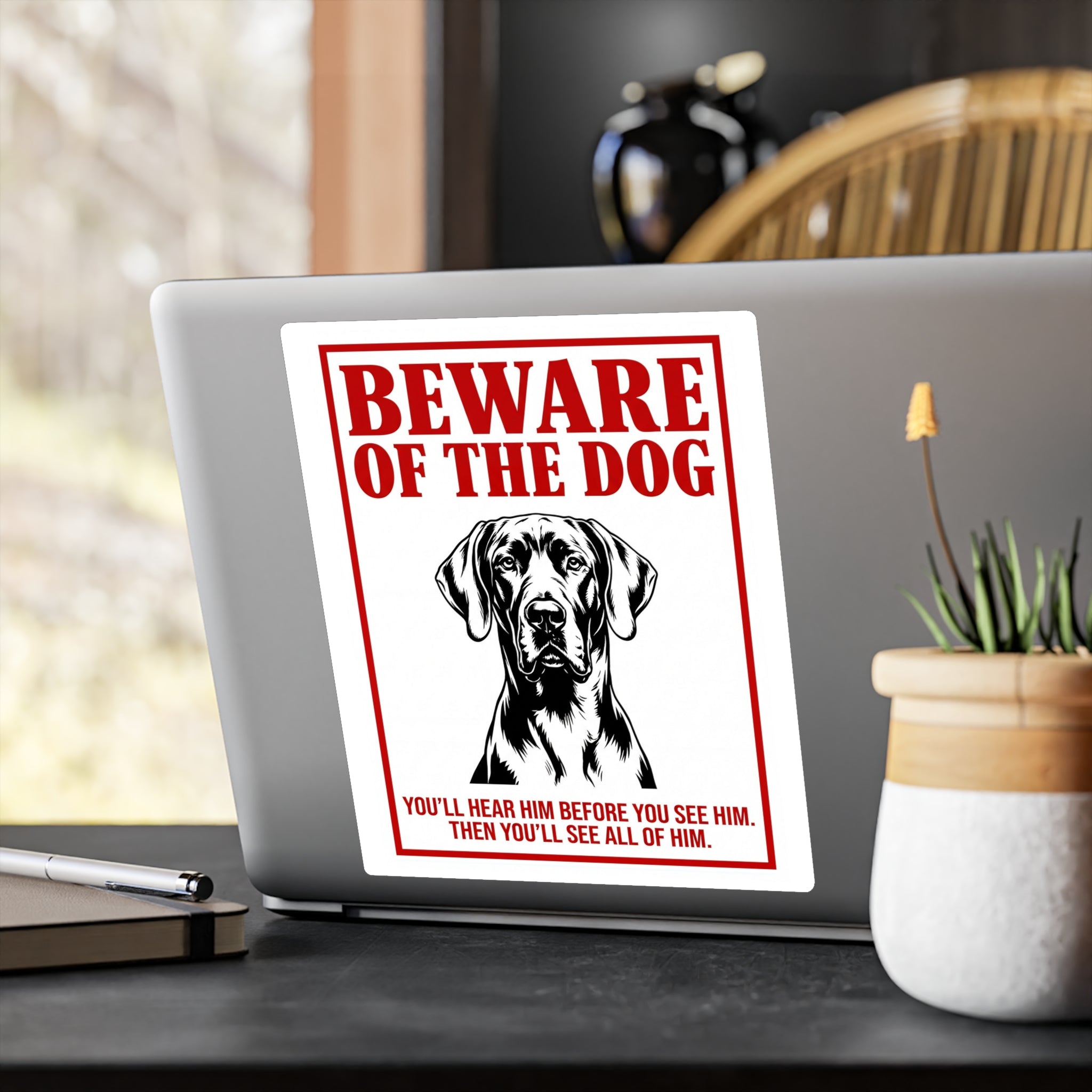 Beware of Great Dane Sign – Bold Red Portrait Outdoor Vinyl Decal – alternate view