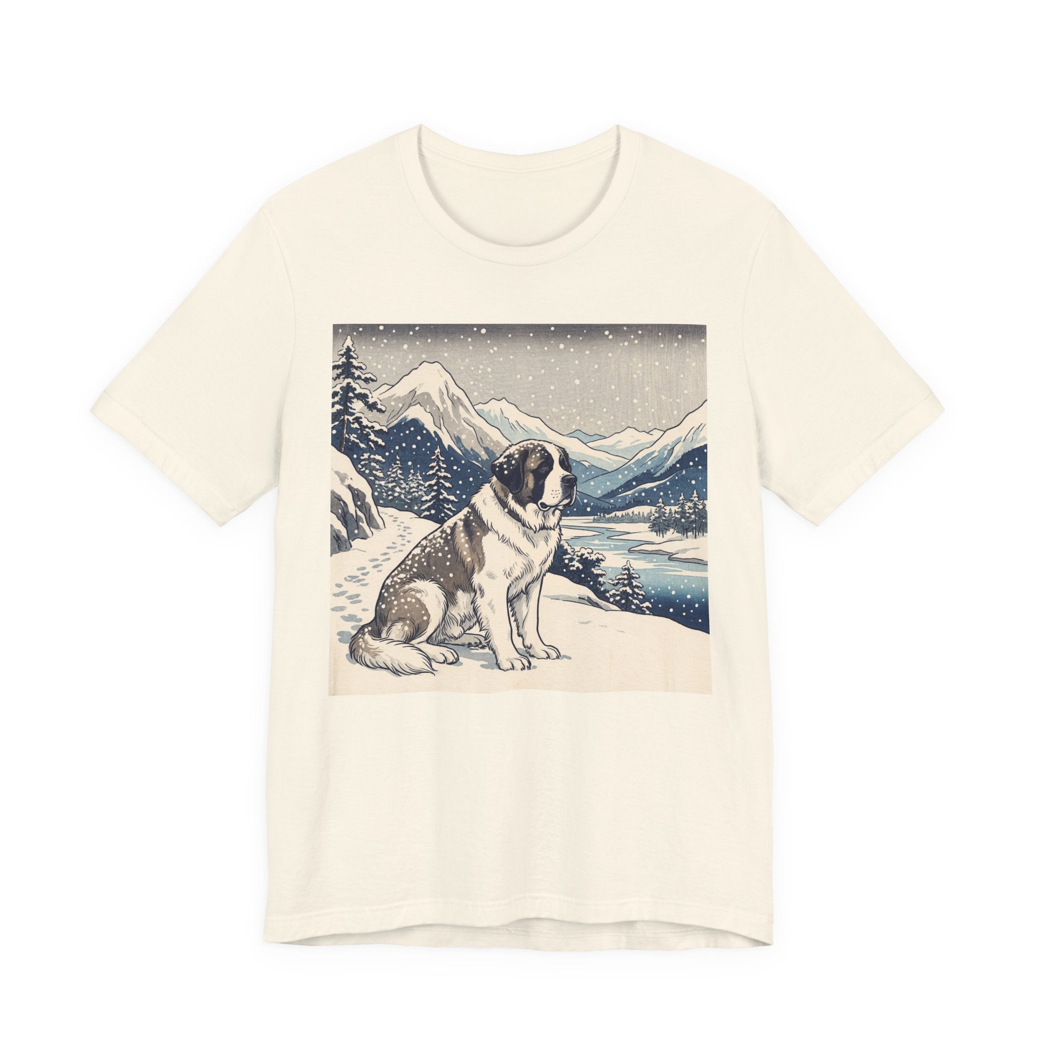 Hiroshige Style Saint Bernard T-Shirt — Snowy Mountain Blue Art Print