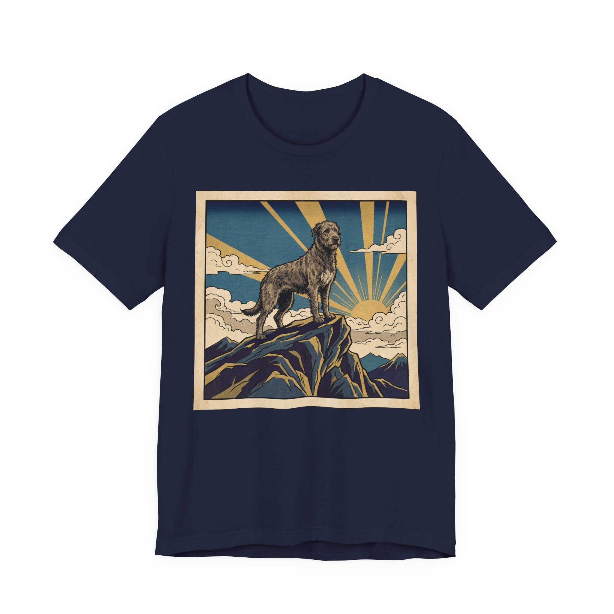 Woodblock Print Irish Wolfhound T-Shirt — Golden Sunburst Summit Art Print
