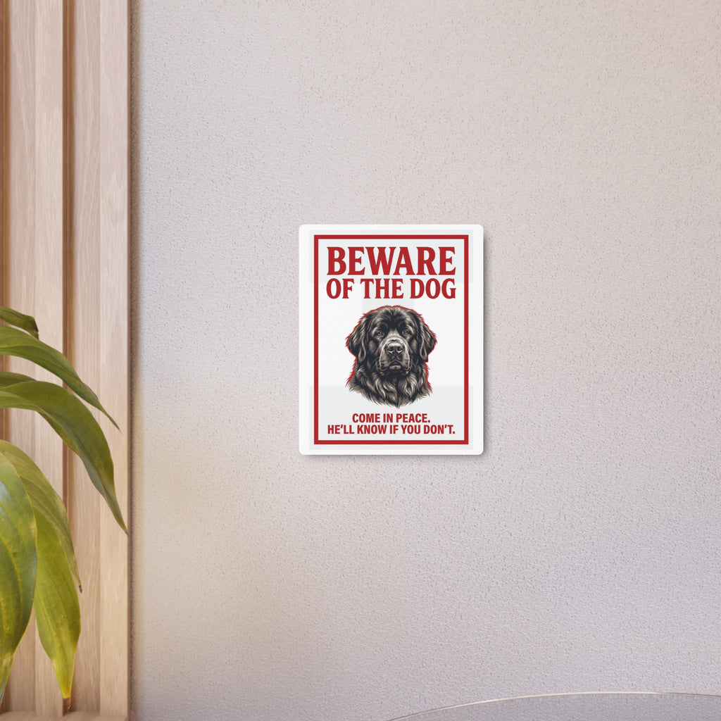 Beware of Newfoundland Metal Sign – Black Portrait Aluminum Wall Sign – lifestyle view