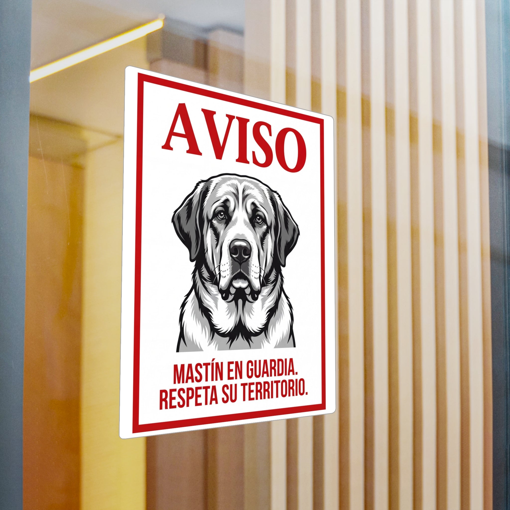 Beware of Spanish Mastiff Sign – Red Border Warning Outdoor Vinyl Decal – detail view