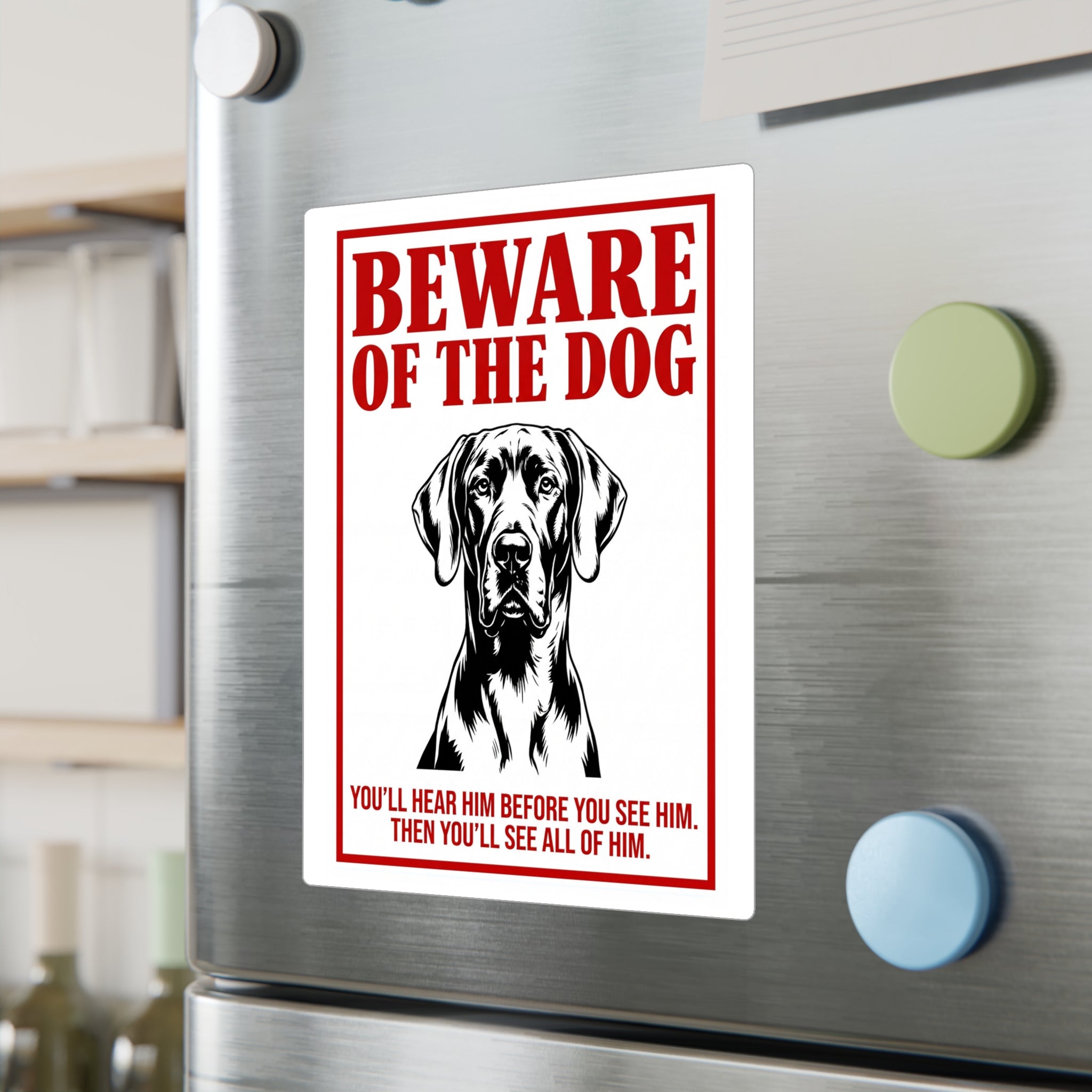Beware of Great Dane Sign – Bold Red Portrait Outdoor Vinyl Decal – lifestyle view
