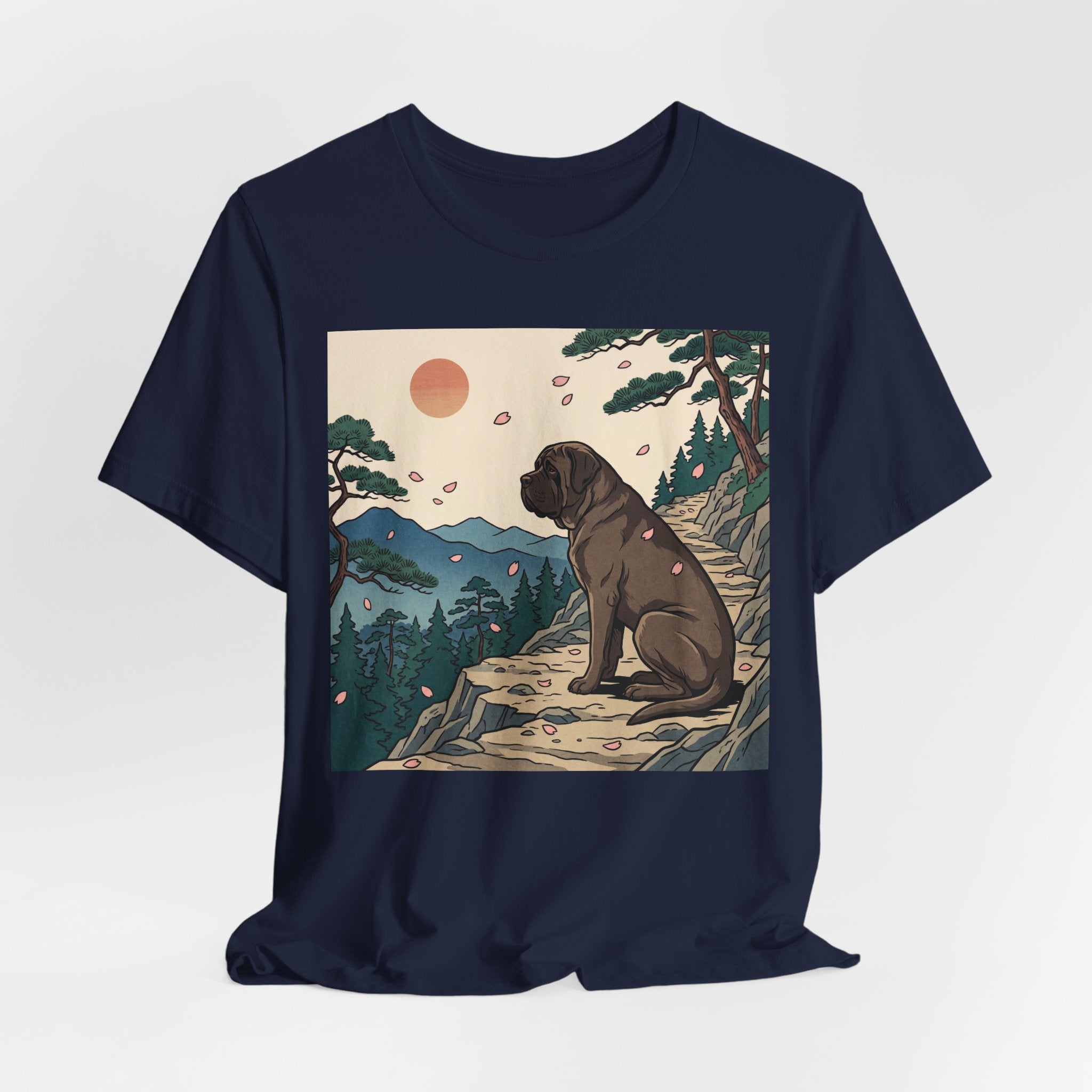 Hiroshige Style Mastiff T-Shirt — Cherry Blossom Mountain Art Print