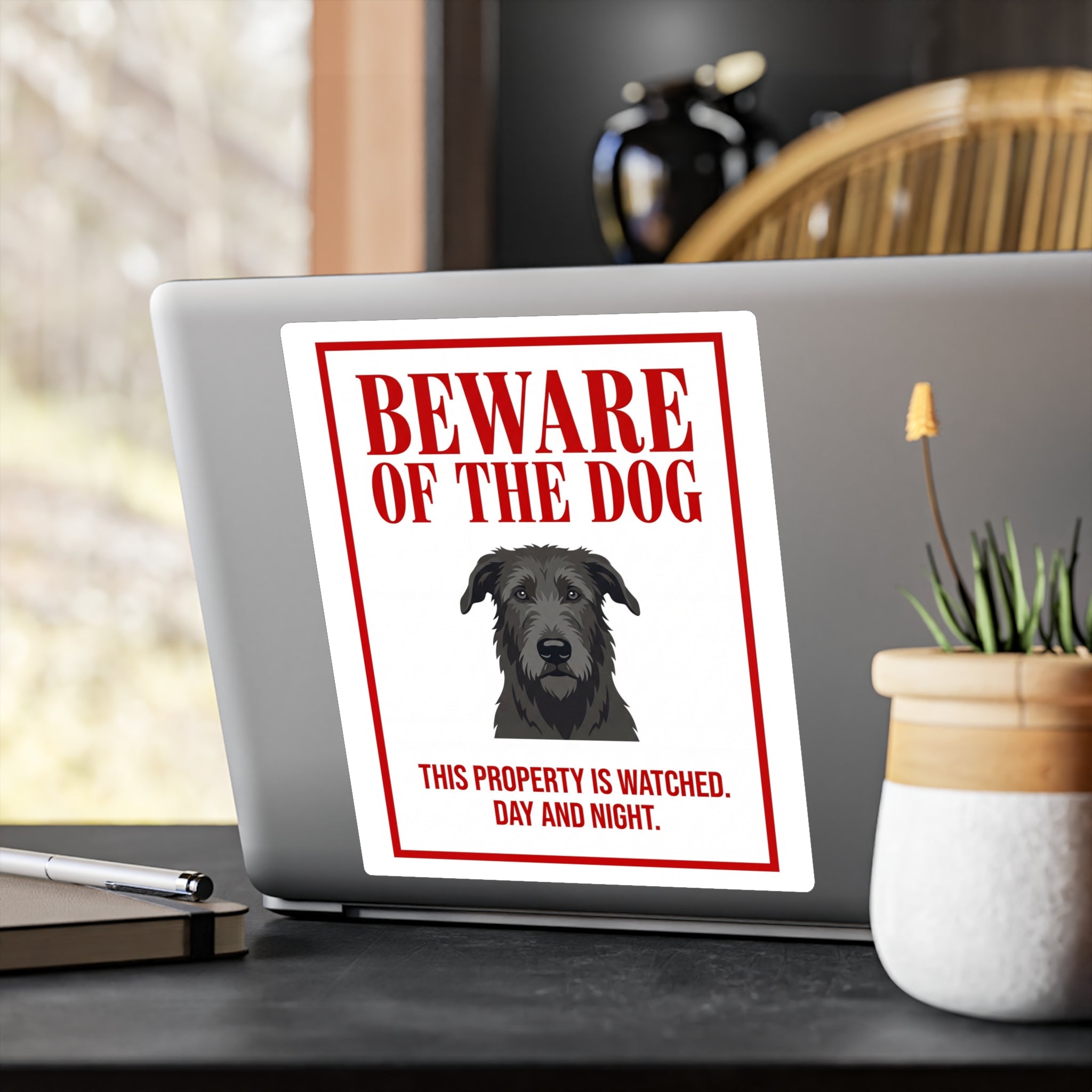 Beware of Irish Wolfhound Sign – Bold Red Warning Outdoor Vinyl Decal – lifestyle view