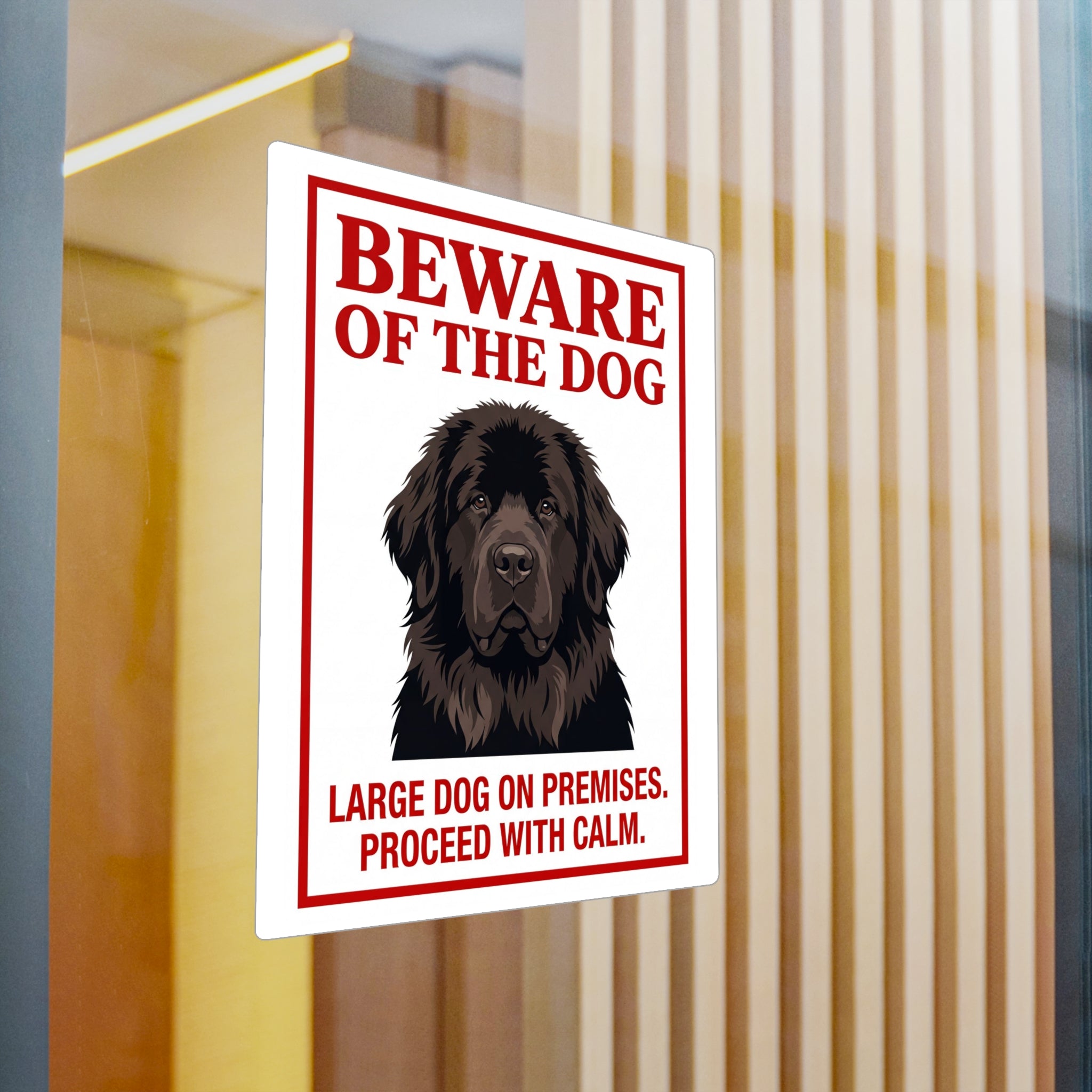 Beware of Newfoundland Sign – Dark Portrait Red Border Outdoor Vinyl Decal – detail view