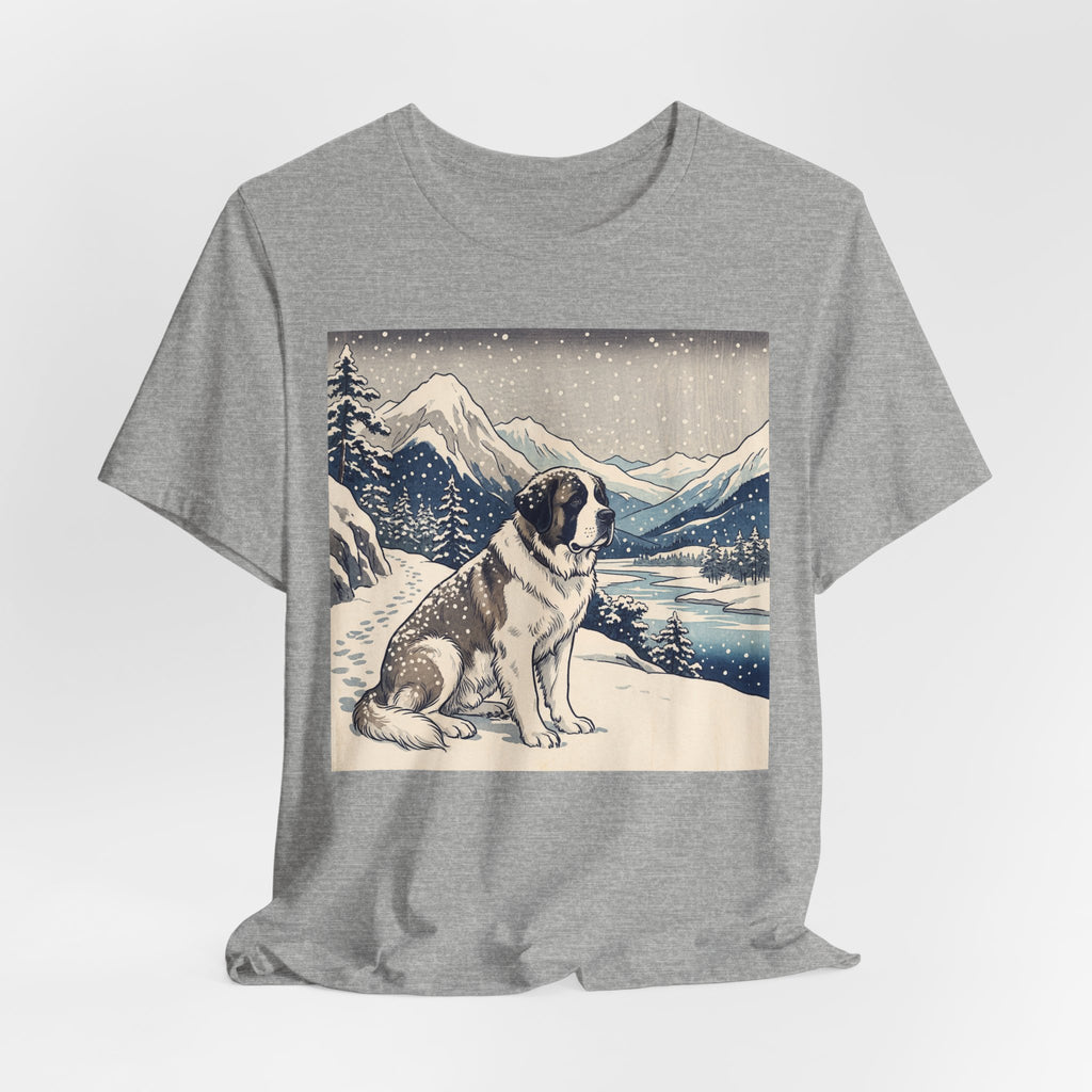 Hiroshige Style Saint Bernard T-Shirt — Snowy Mountain Blue Art Print