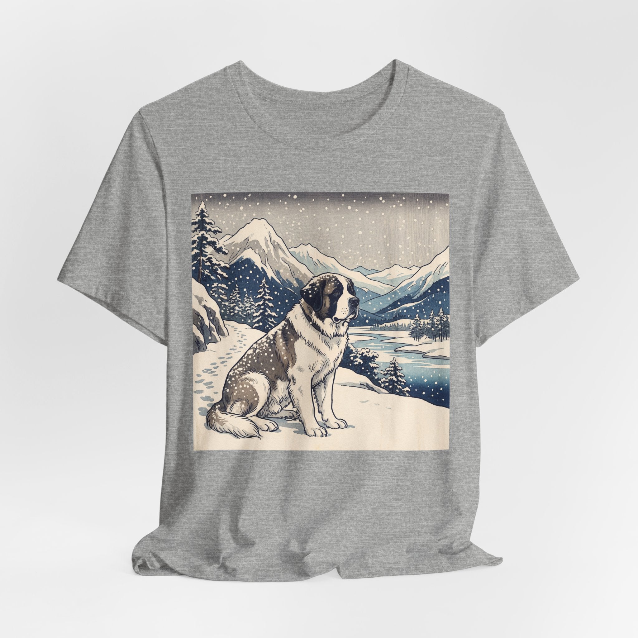 Hiroshige Style Saint Bernard T-Shirt — Snowy Mountain Blue Art Print