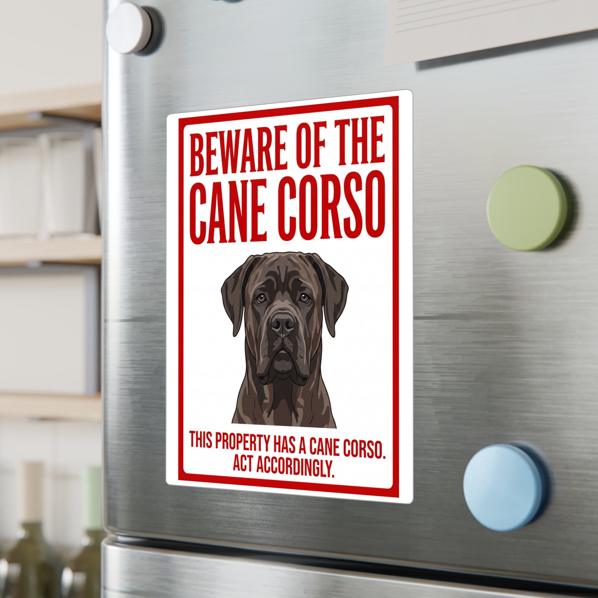 Beware of Cane Corso Sign – Bold Red Border Outdoor Vinyl Decal – lifestyle view