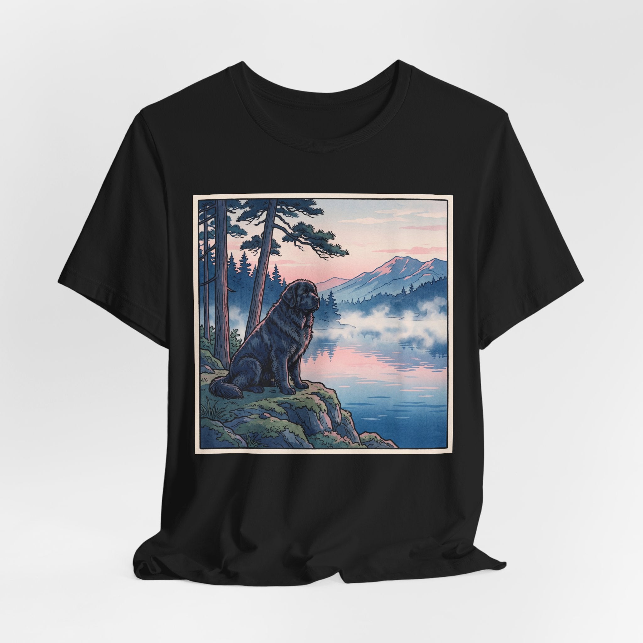 Hiroshige Style Newfoundland T-Shirt — Misty Lake Dawn Art Print