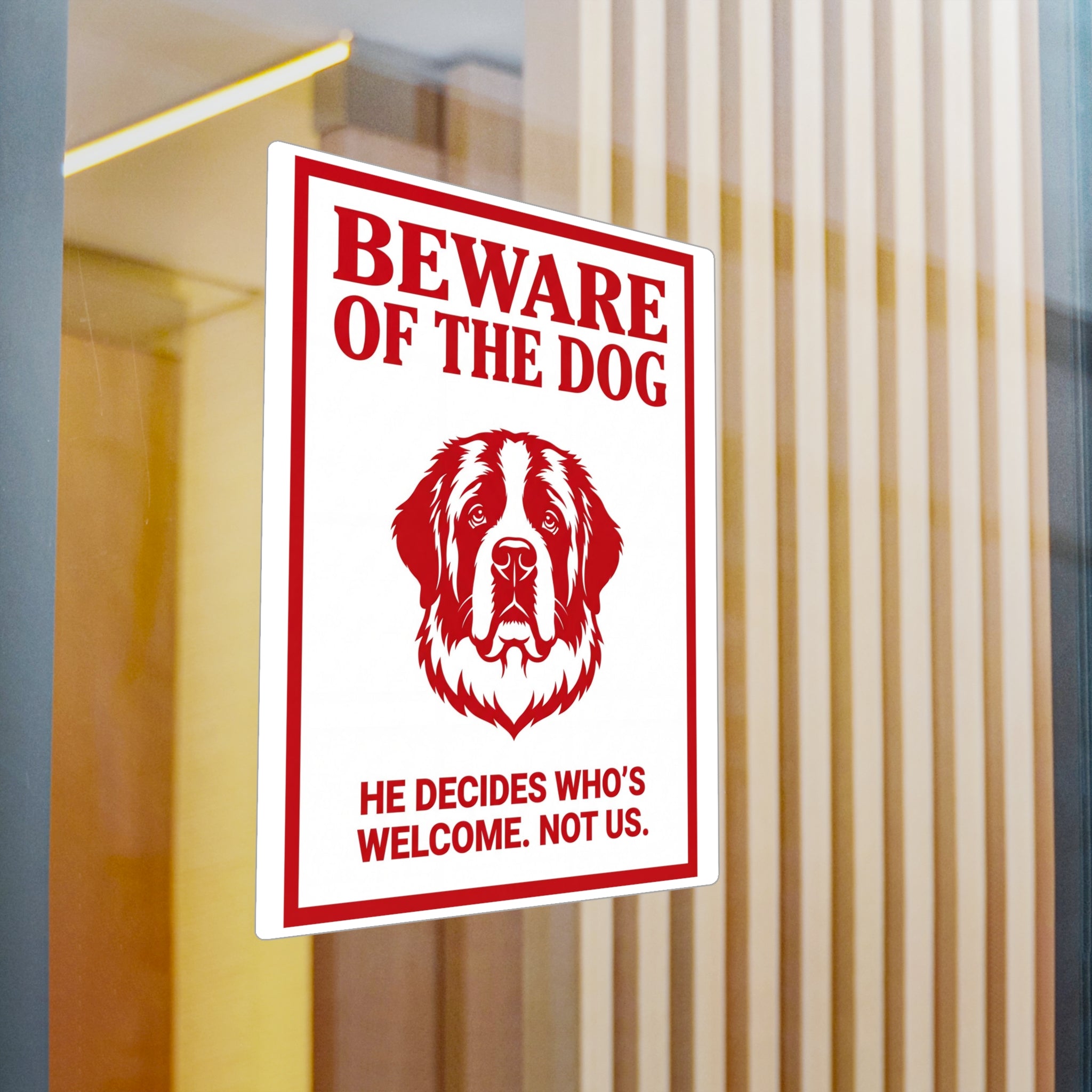 Beware of Saint Bernard Sign – Bold Red Portrait Outdoor Vinyl Decal – detail view