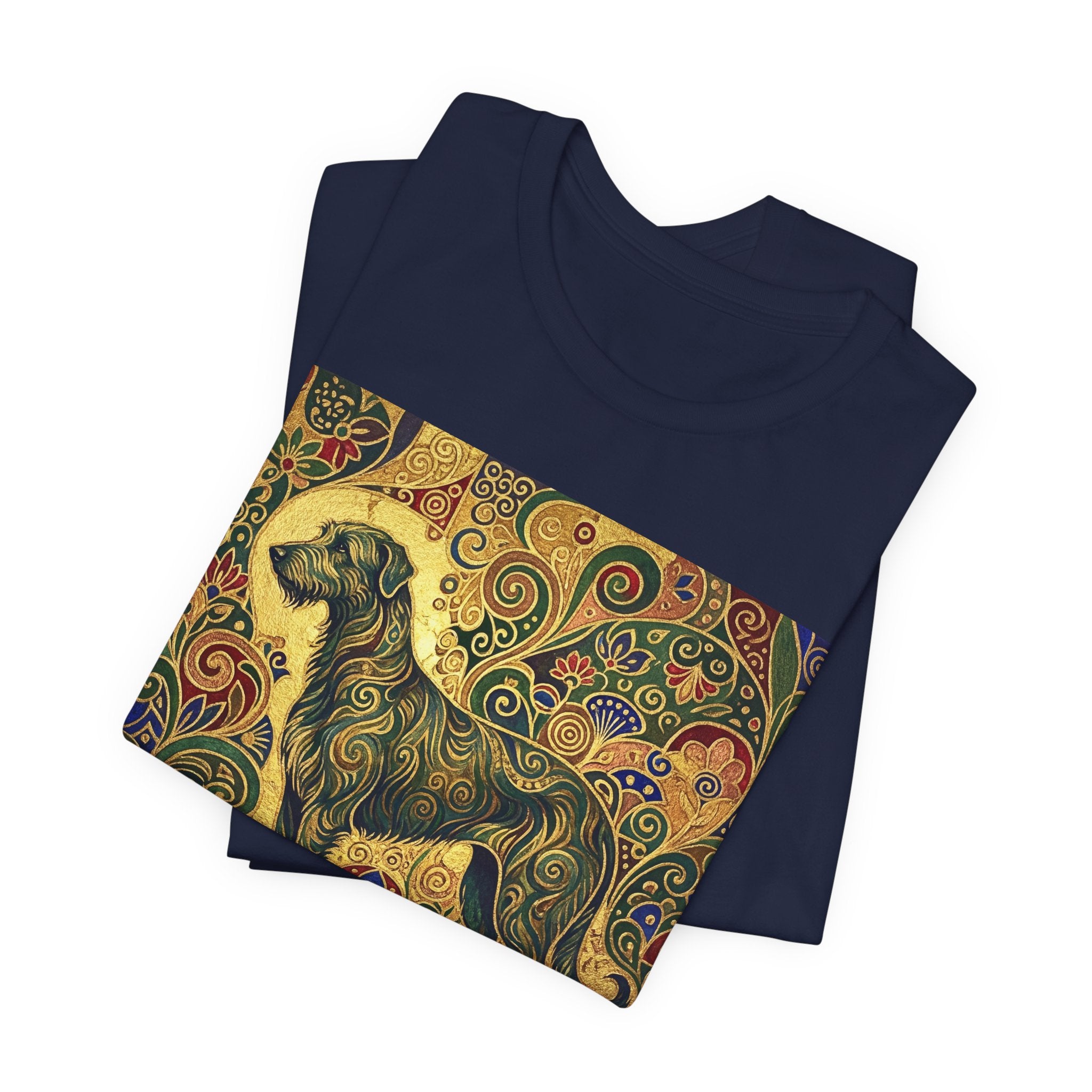Klimt Style Irish Wolfhound T-Shirt — Gold Swirl Ornamental Art Print
