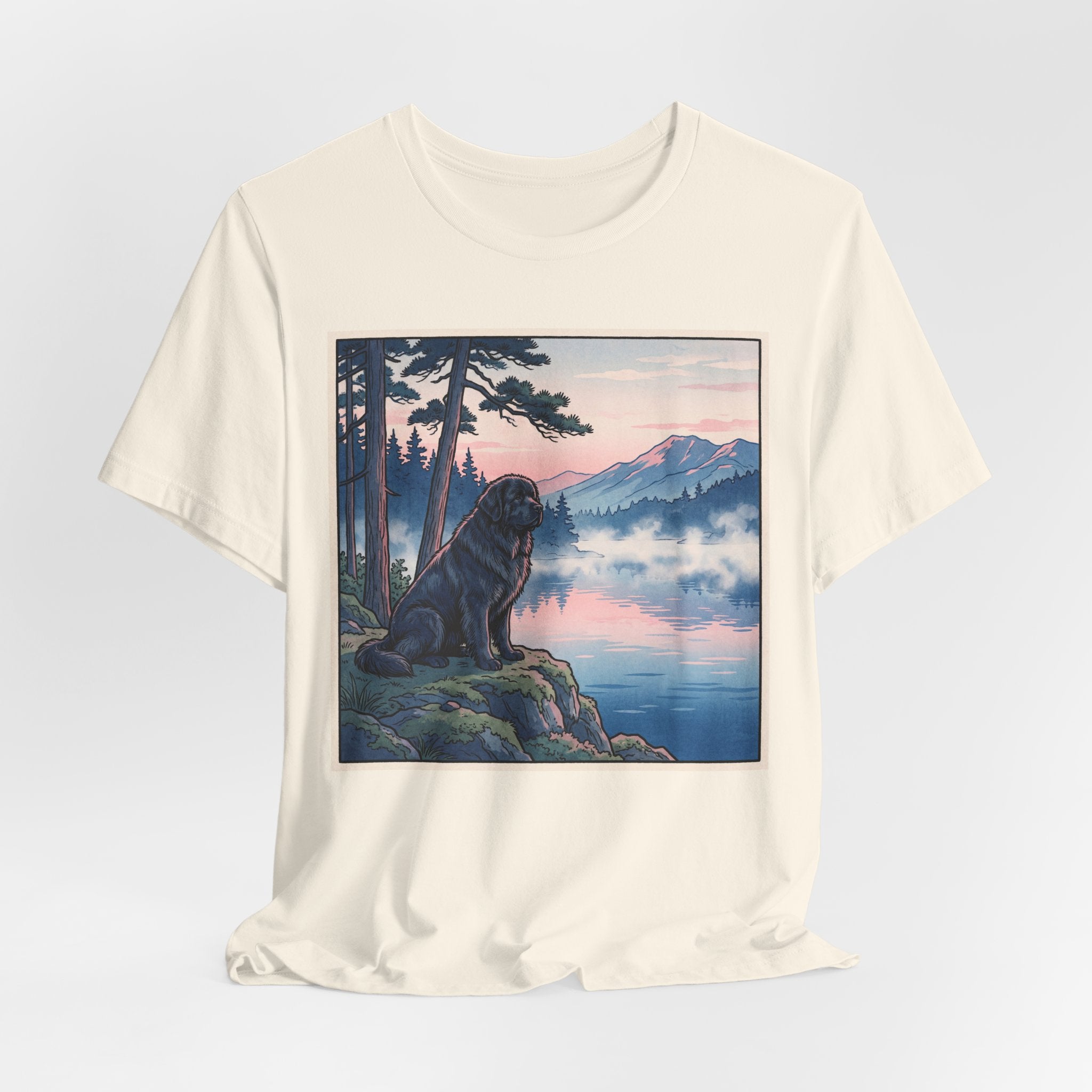 Hiroshige Style Newfoundland T-Shirt — Misty Lake Dawn Art Print