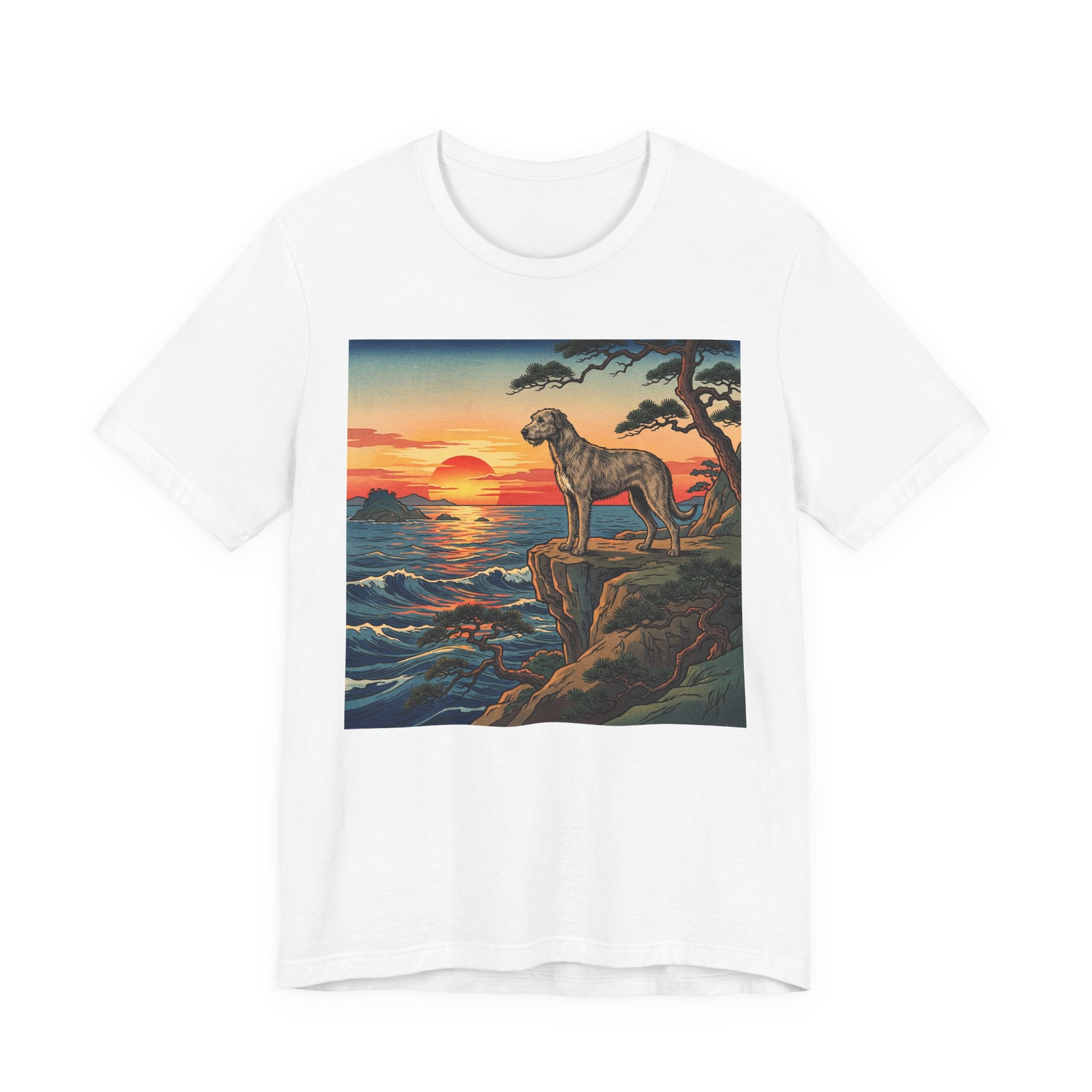 Hiroshige Style Irish Wolfhound T-Shirt — Coastal Cliff Sunset Art Print