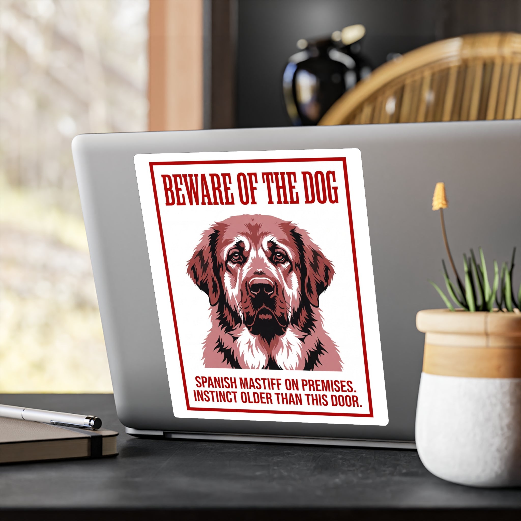 Beware of Spanish Mastiff Sign – Bold Red Portrait Outdoor Vinyl Decal – alternate view