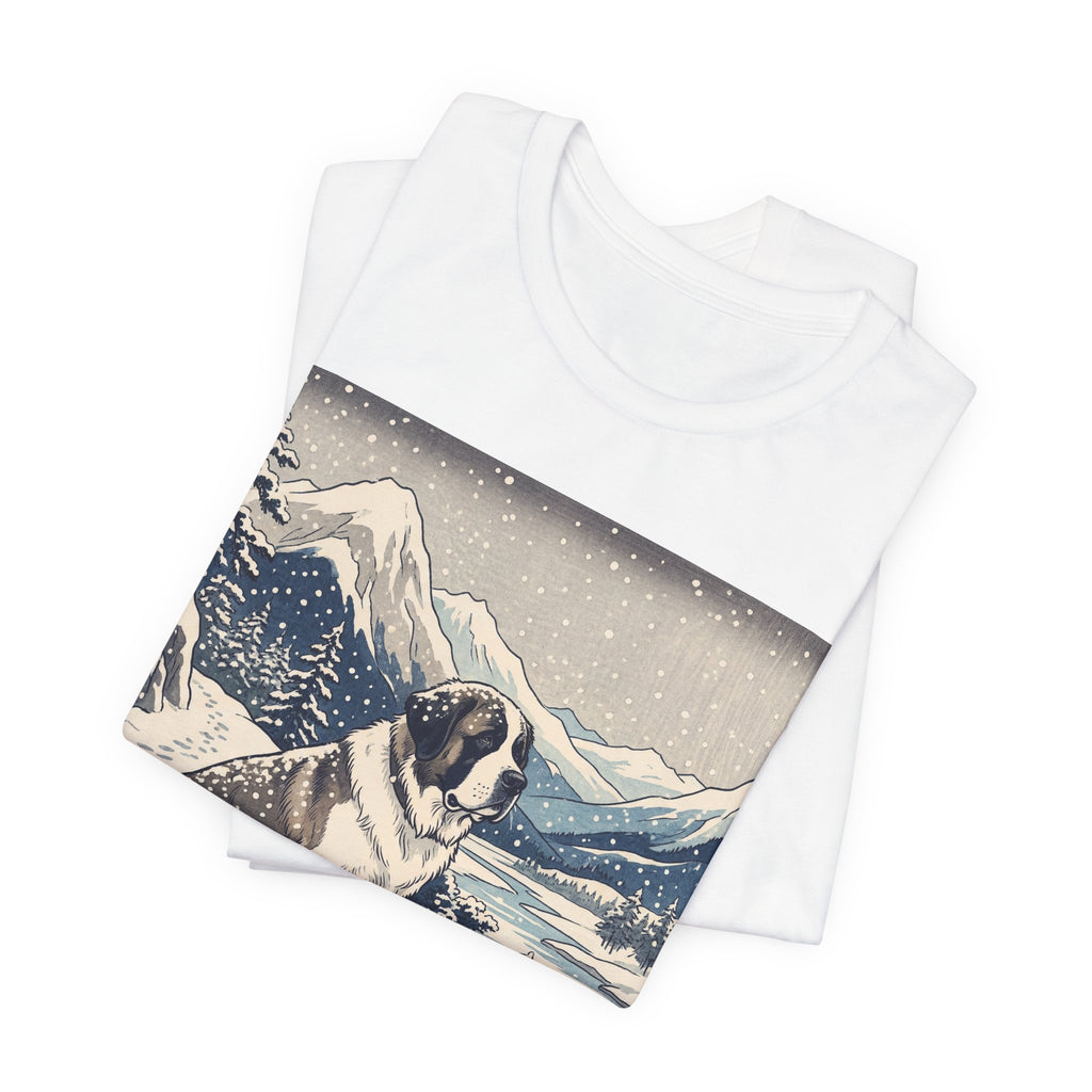 Hiroshige Style Saint Bernard T-Shirt — Snowy Mountain Blue Art Print