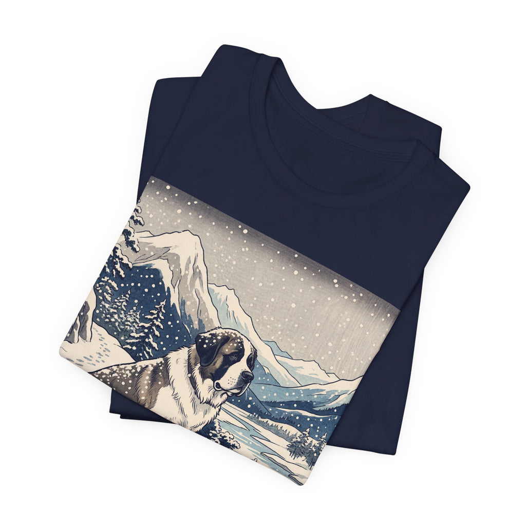 Hiroshige Style Saint Bernard T-Shirt — Snowy Mountain Blue Art Print