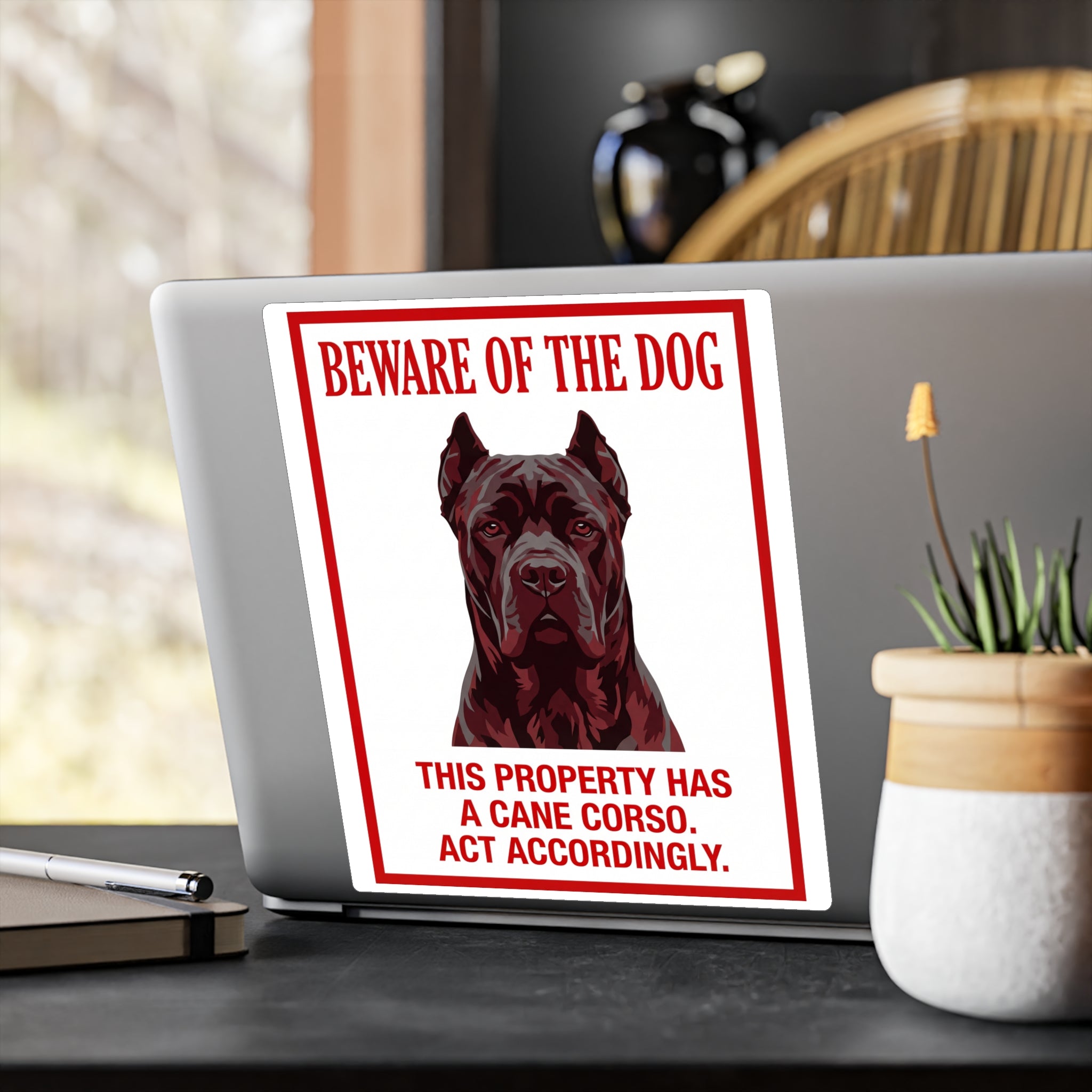 Beware of Cane Corso Sign – Bold Red Portrait Outdoor Vinyl Decal – alternate view
