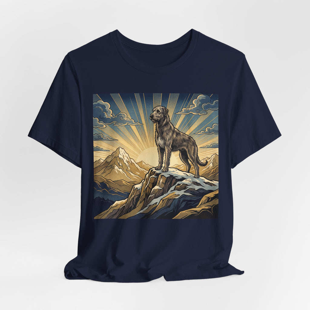 Woodcut Irish Wolfhound T-Shirt — Mountain Sunrise Rays Art Print