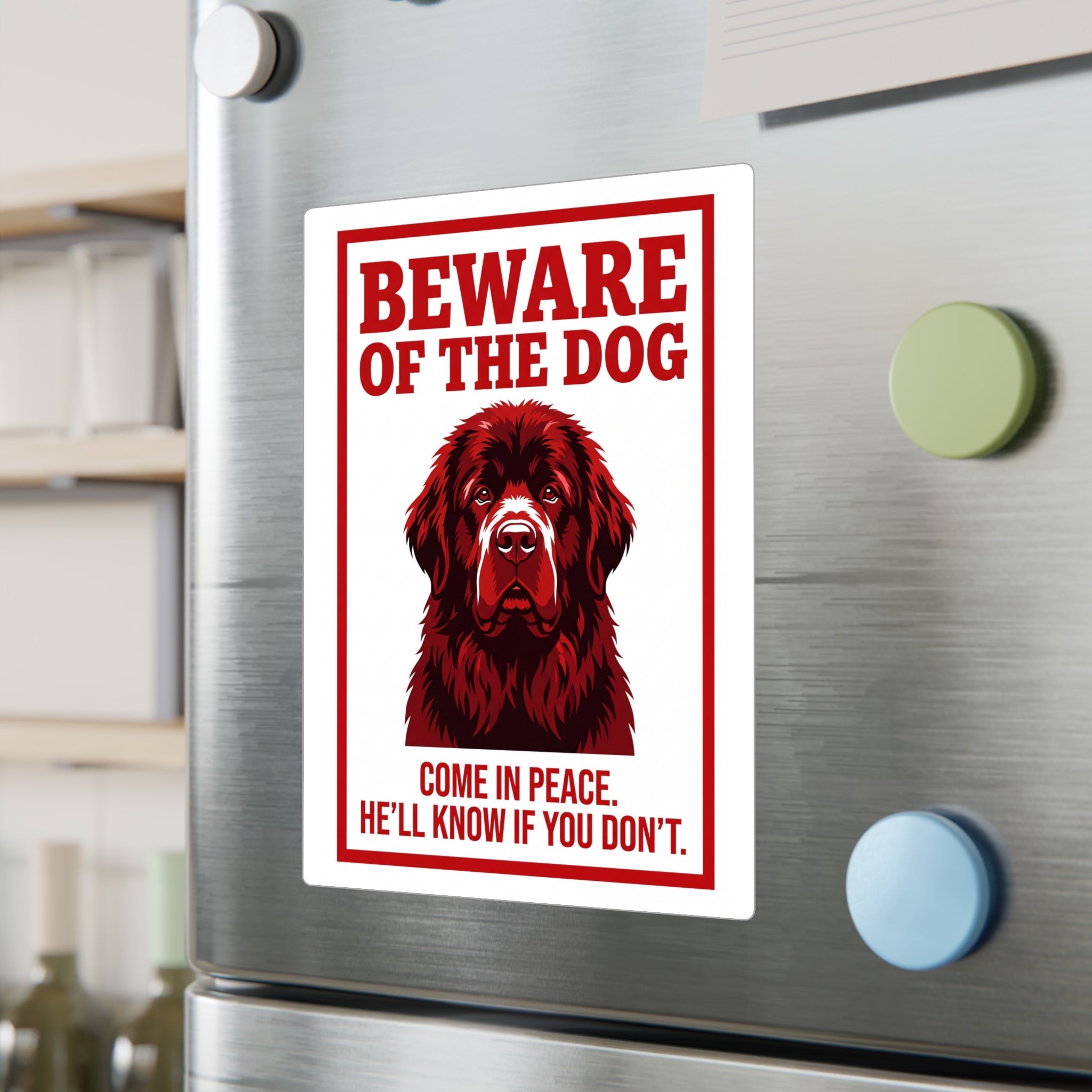 Beware of Newfoundland Sign – Red & Dark Portrait Outdoor Vinyl Decal – lifestyle view