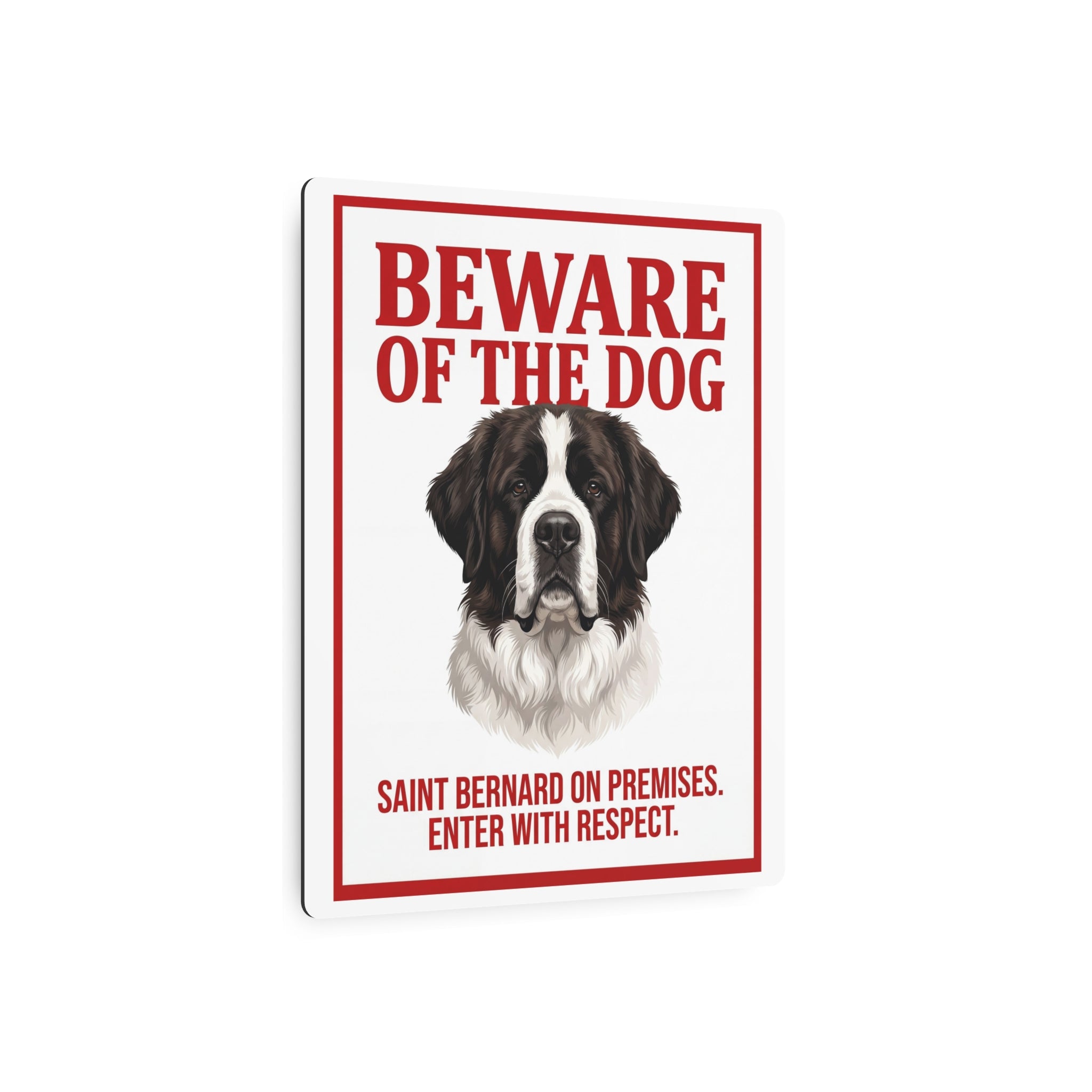 Beware of Saint Bernard Metal Sign – Red Border Portrait Aluminum Wall Sign – lifestyle view
