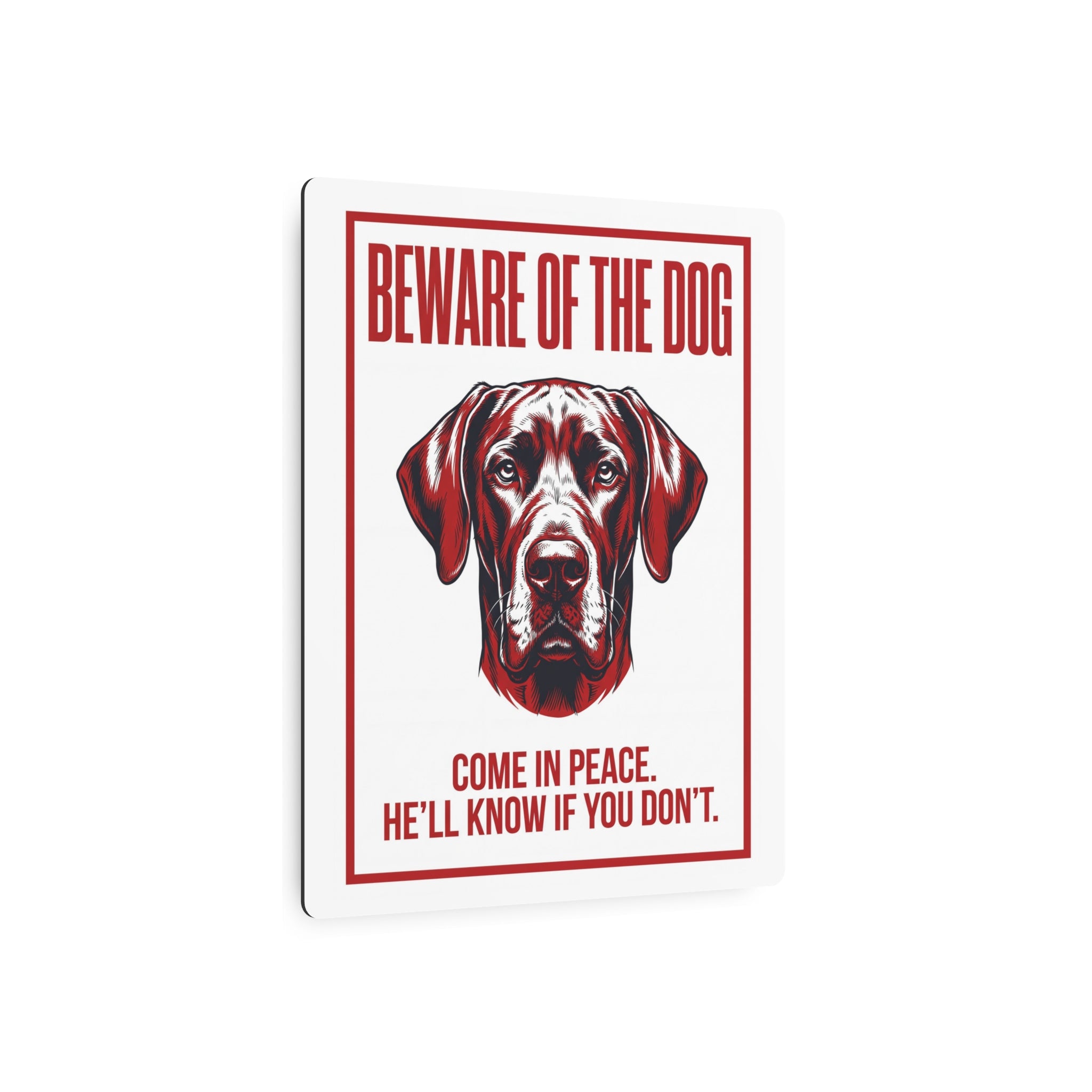 Beware of Great Dane Metal Sign – Red Portrait Aluminum Wall Sign – lifestyle view