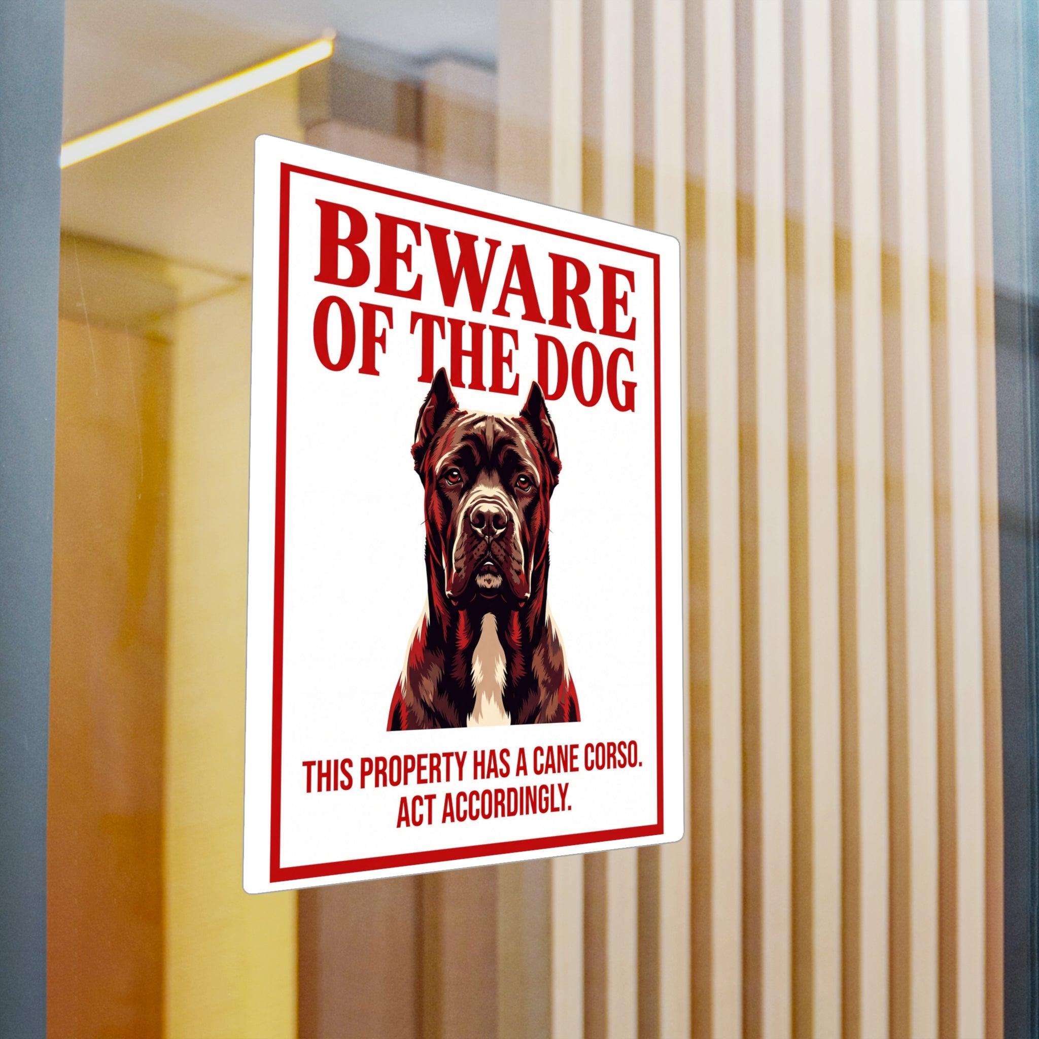 Beware of Cane Corso Sign – Bold Red Warning Outdoor Vinyl Decal – detail view