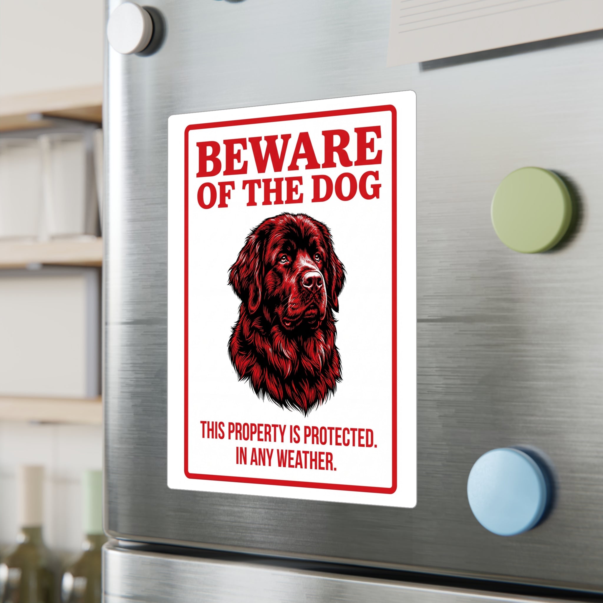 Beware of Newfoundland Sign – Red Portrait Warning Outdoor Vinyl Decal – lifestyle view