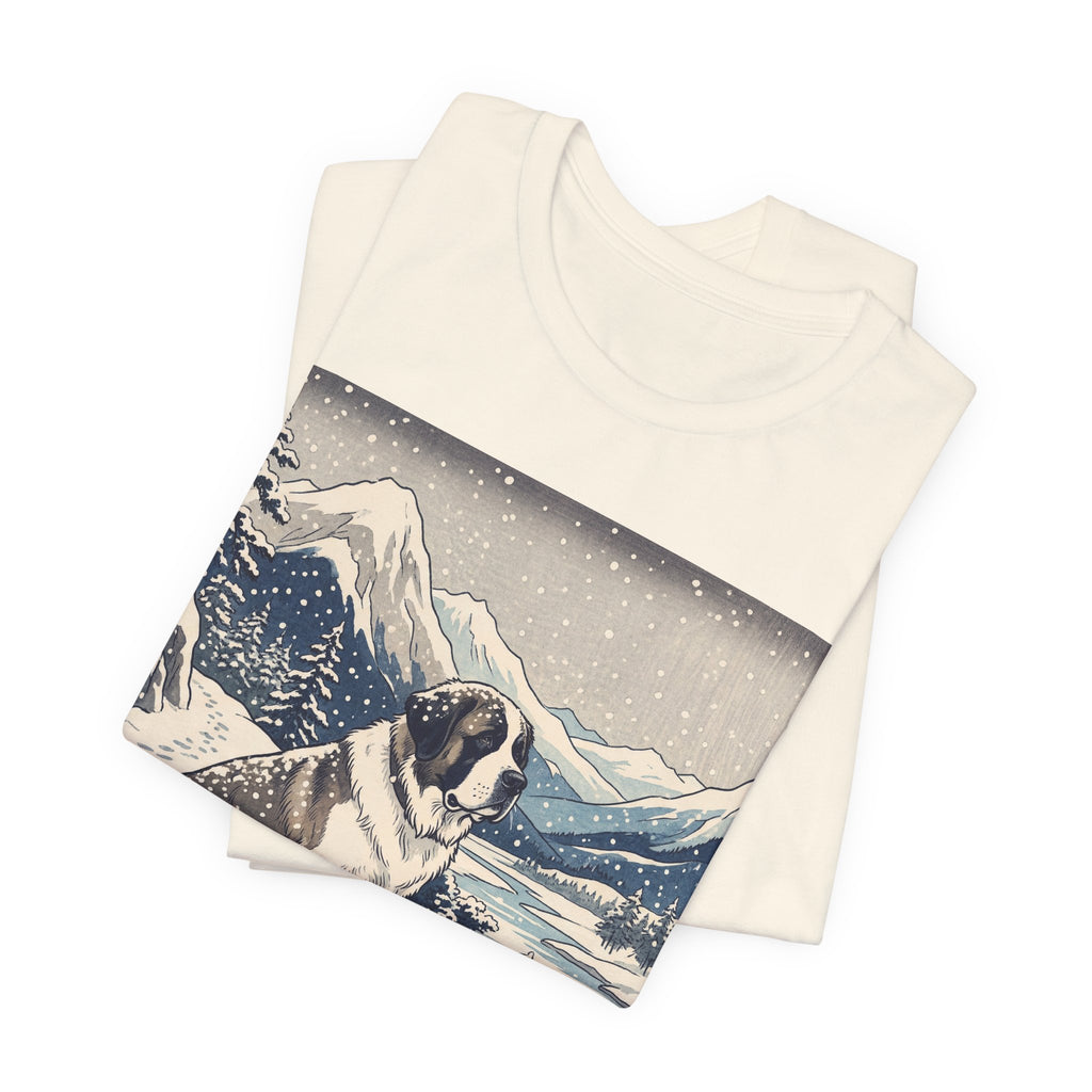Hiroshige Style Saint Bernard T-Shirt — Snowy Mountain Blue Art Print