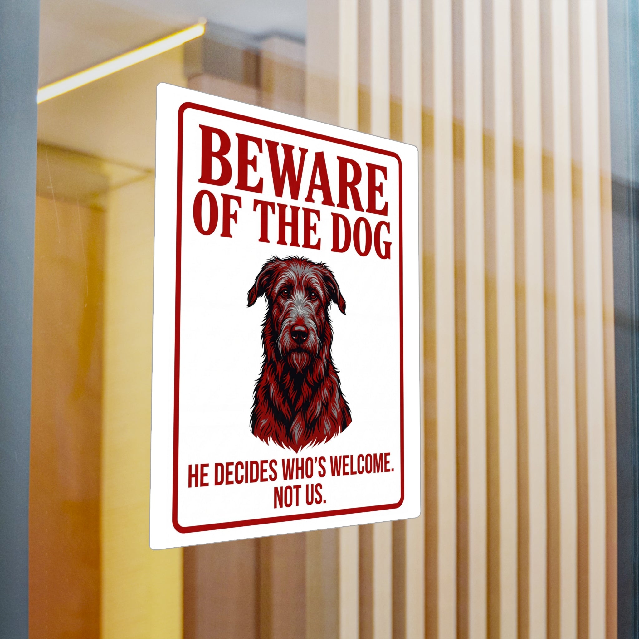 Beware of Irish Wolfhound Sign – Bold Red Warning Outdoor Vinyl Decal – lifestyle view