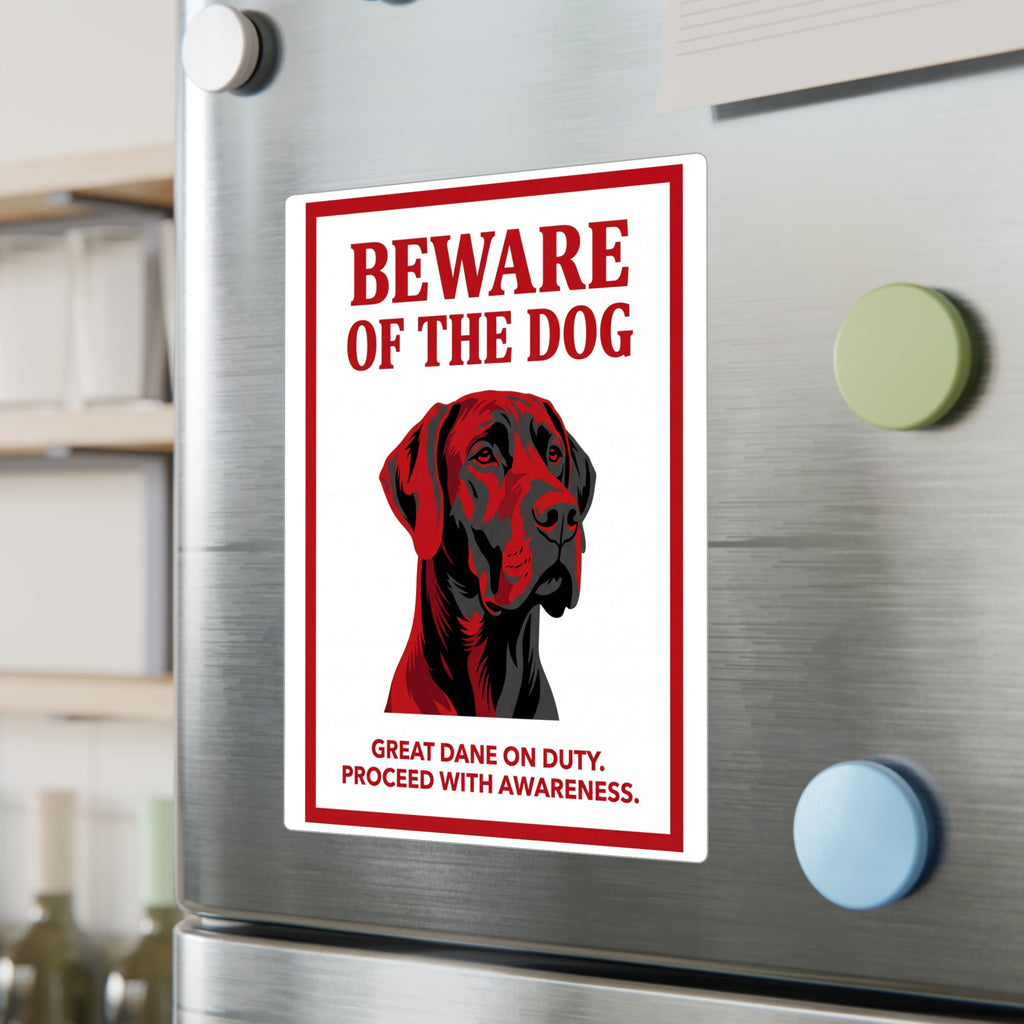Beware of Great Dane Sign – Red Black Portrait Outdoor Vinyl Decal – lifestyle view