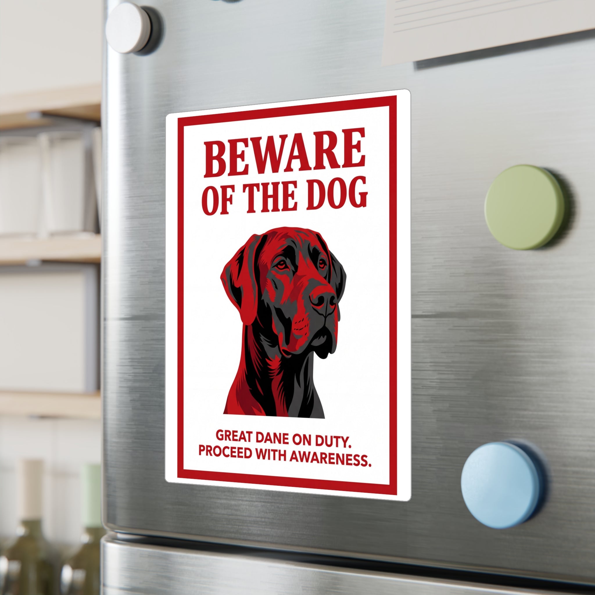 Beware of Great Dane Sign – Red Black Portrait Outdoor Vinyl Decal – lifestyle view