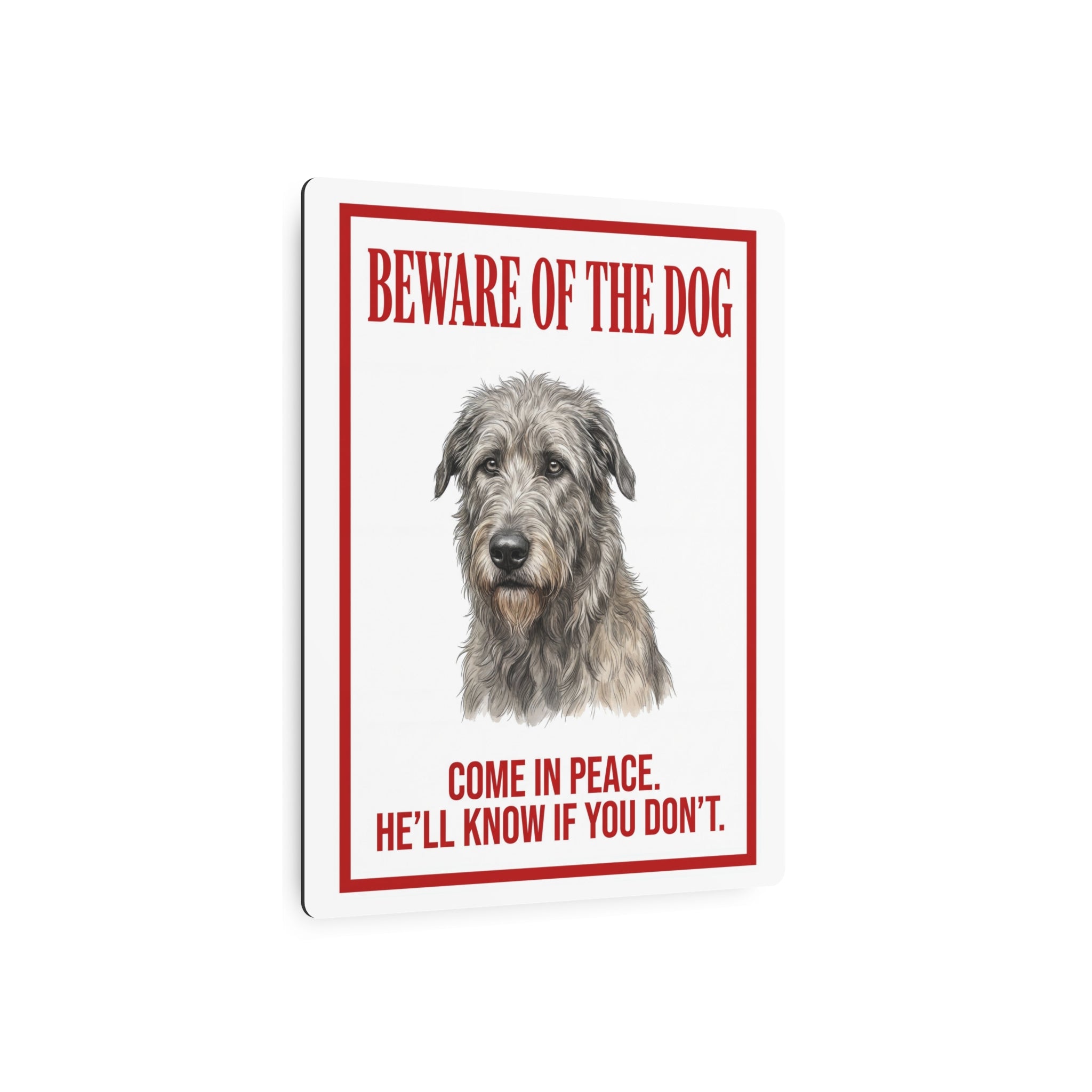 Beware of Irish Wolfhound Metal Sign – Grey Wire-Coat Aluminum Wall Sign – lifestyle view