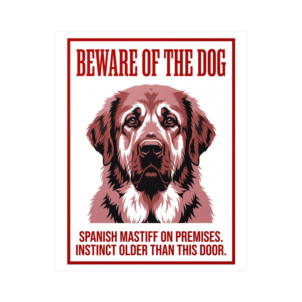 Beware of Spanish Mastiff Sign – Bold Red Portrait Outdoor Vinyl Decal – side view