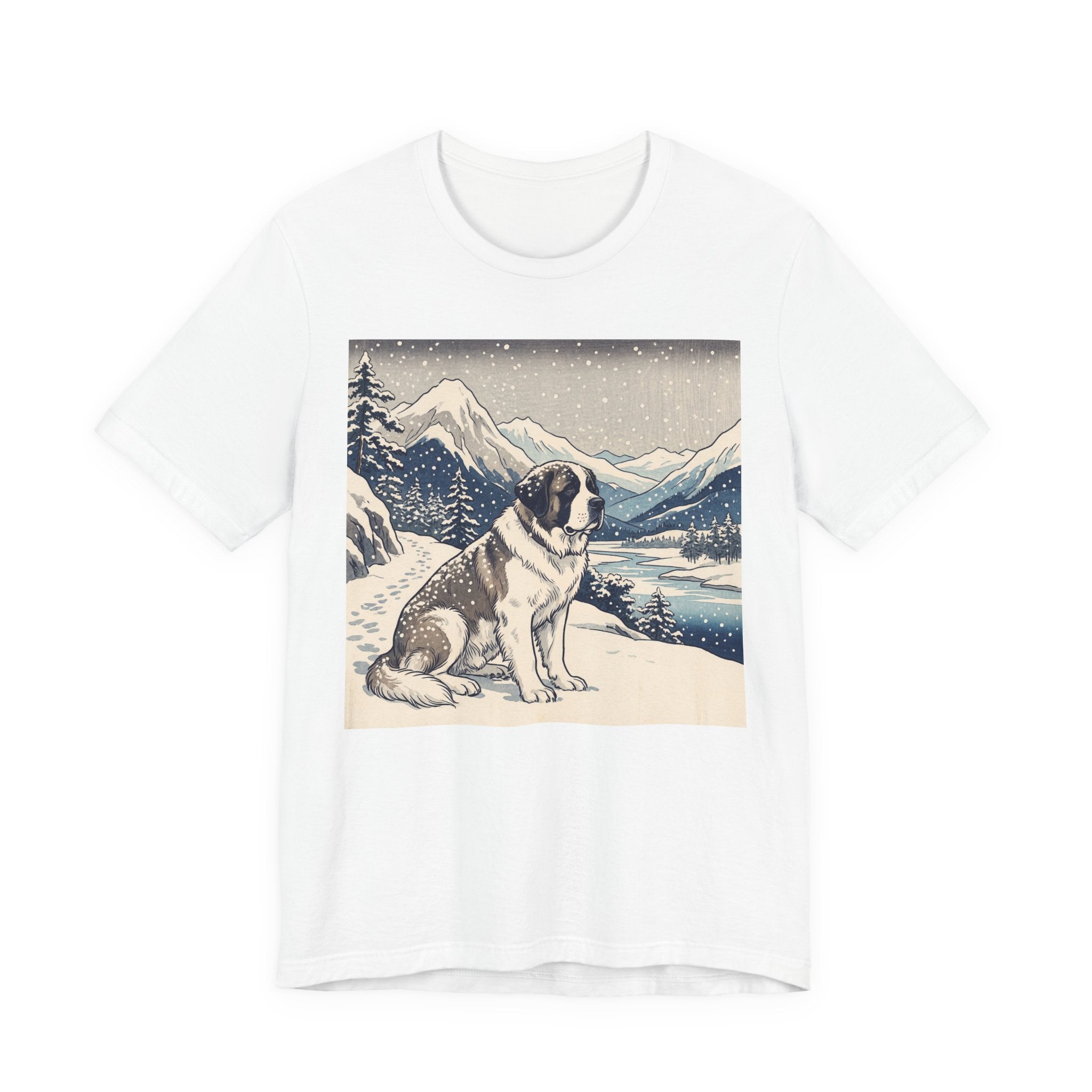 Hiroshige Style Saint Bernard T-Shirt — Snowy Mountain Blue Art Print