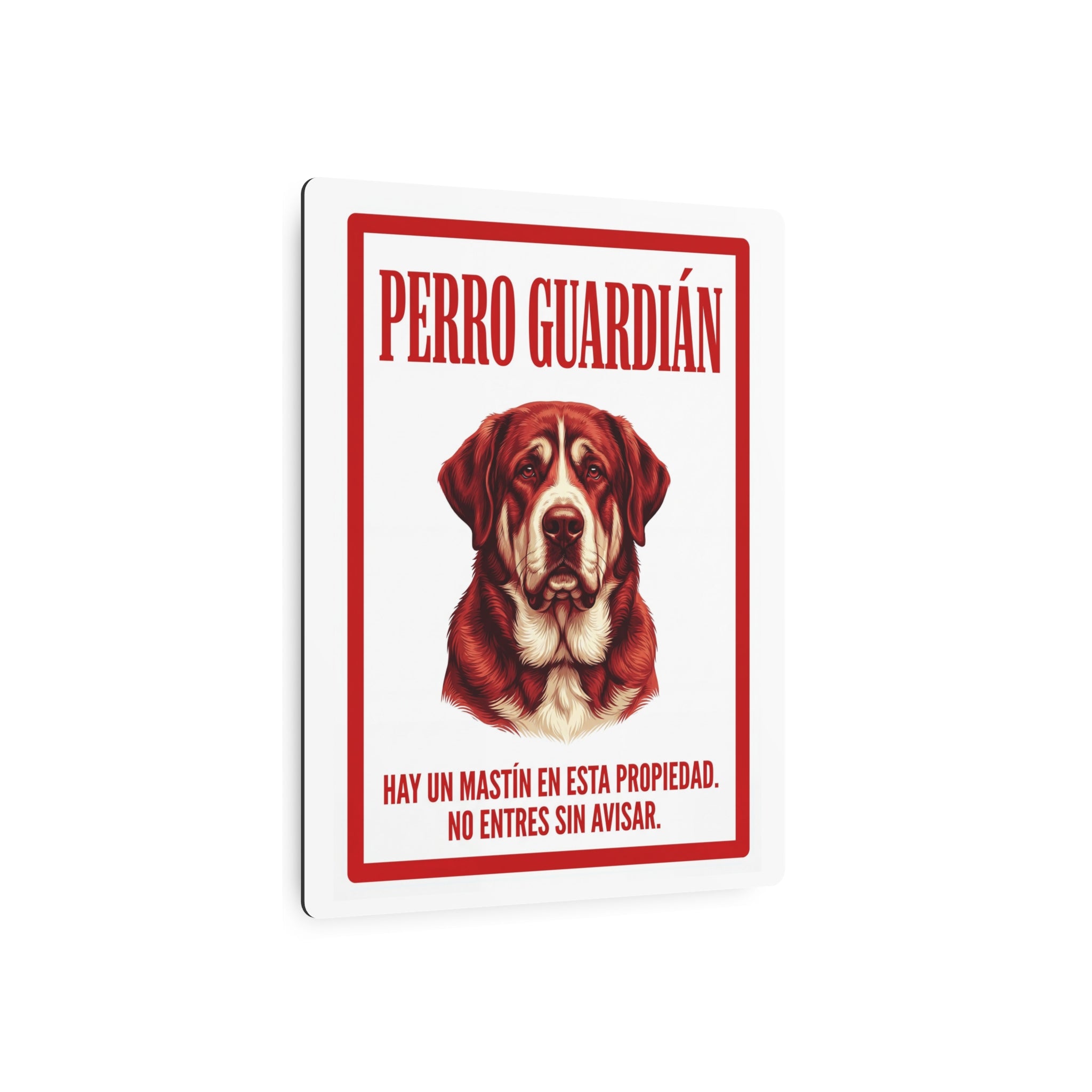 Beware of Spanish Mastiff Metal Sign – Red Portrait Aluminum Wall Sign – lifestyle view