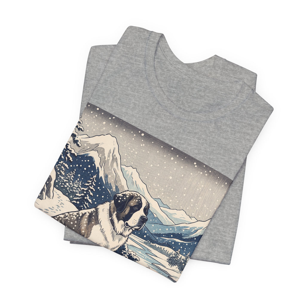 Hiroshige Style Saint Bernard T-Shirt — Snowy Mountain Blue Art Print