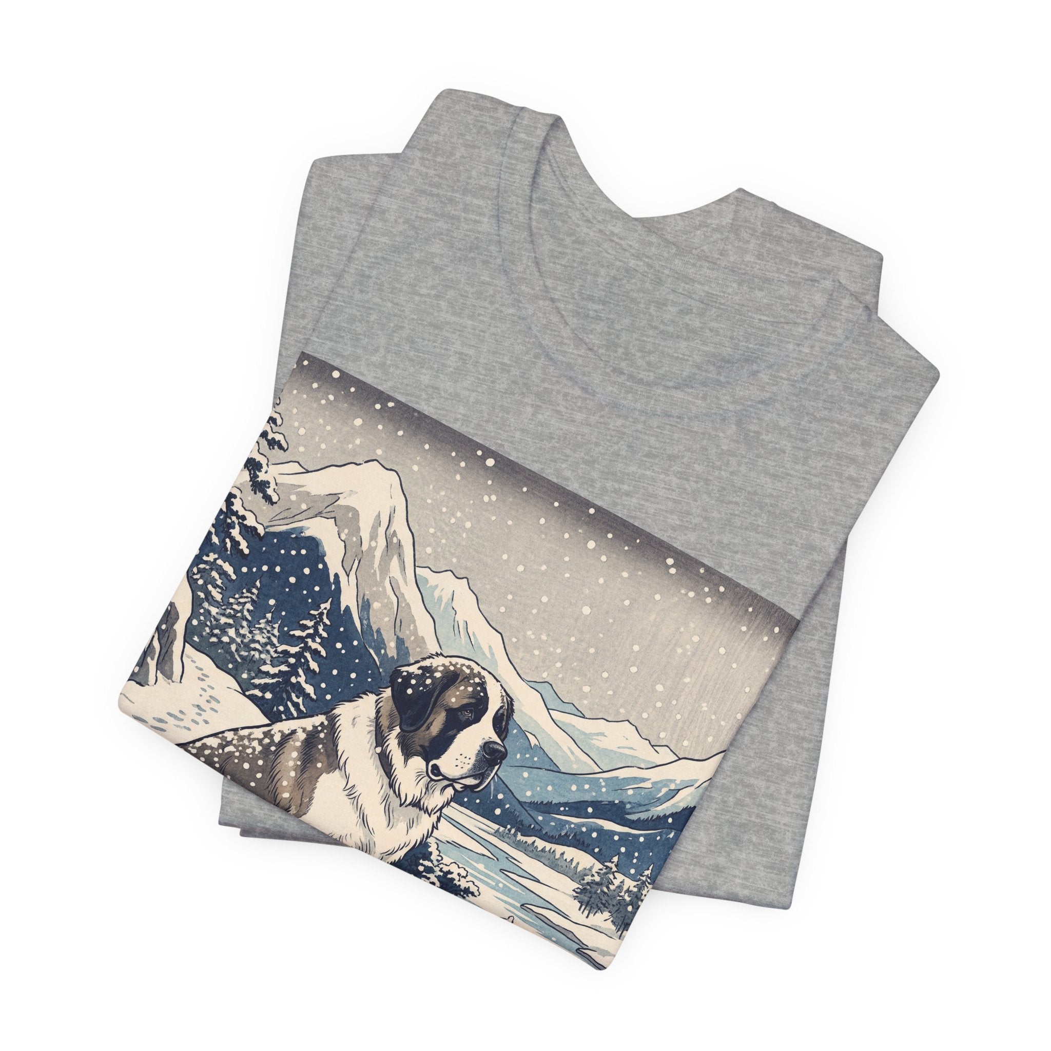 Hiroshige Style Saint Bernard T-Shirt — Snowy Mountain Blue Art Print