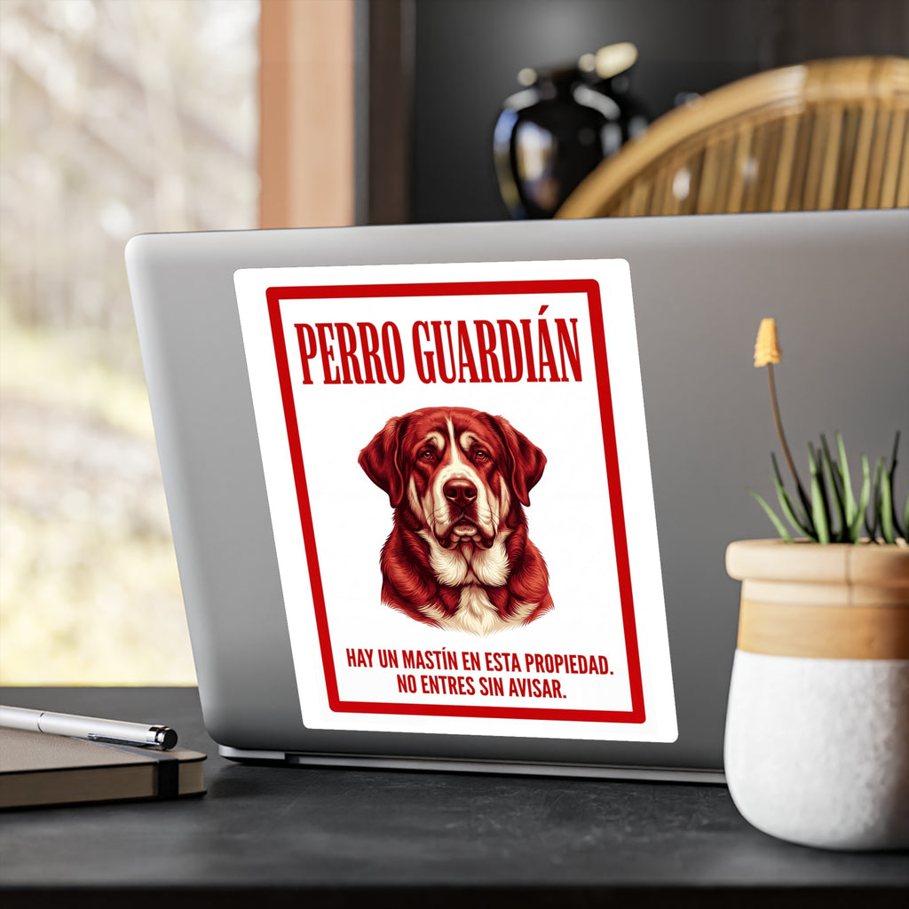 Beware of Spanish Mastiff Sign – Red Portrait Warning Outdoor Vinyl Decal – alternate view