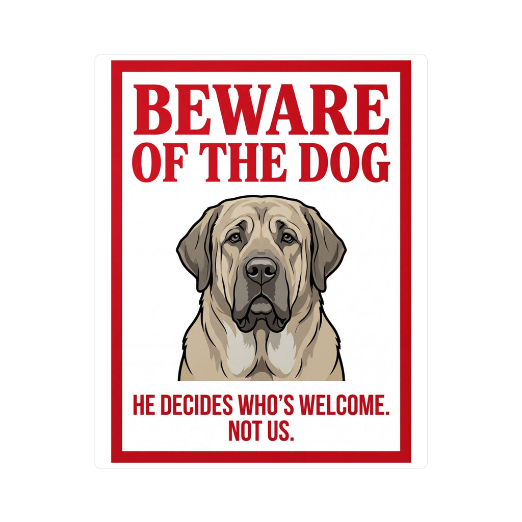 Beware of Mastiff Sign – Red Border Portrait Outdoor Vinyl Decal – side view