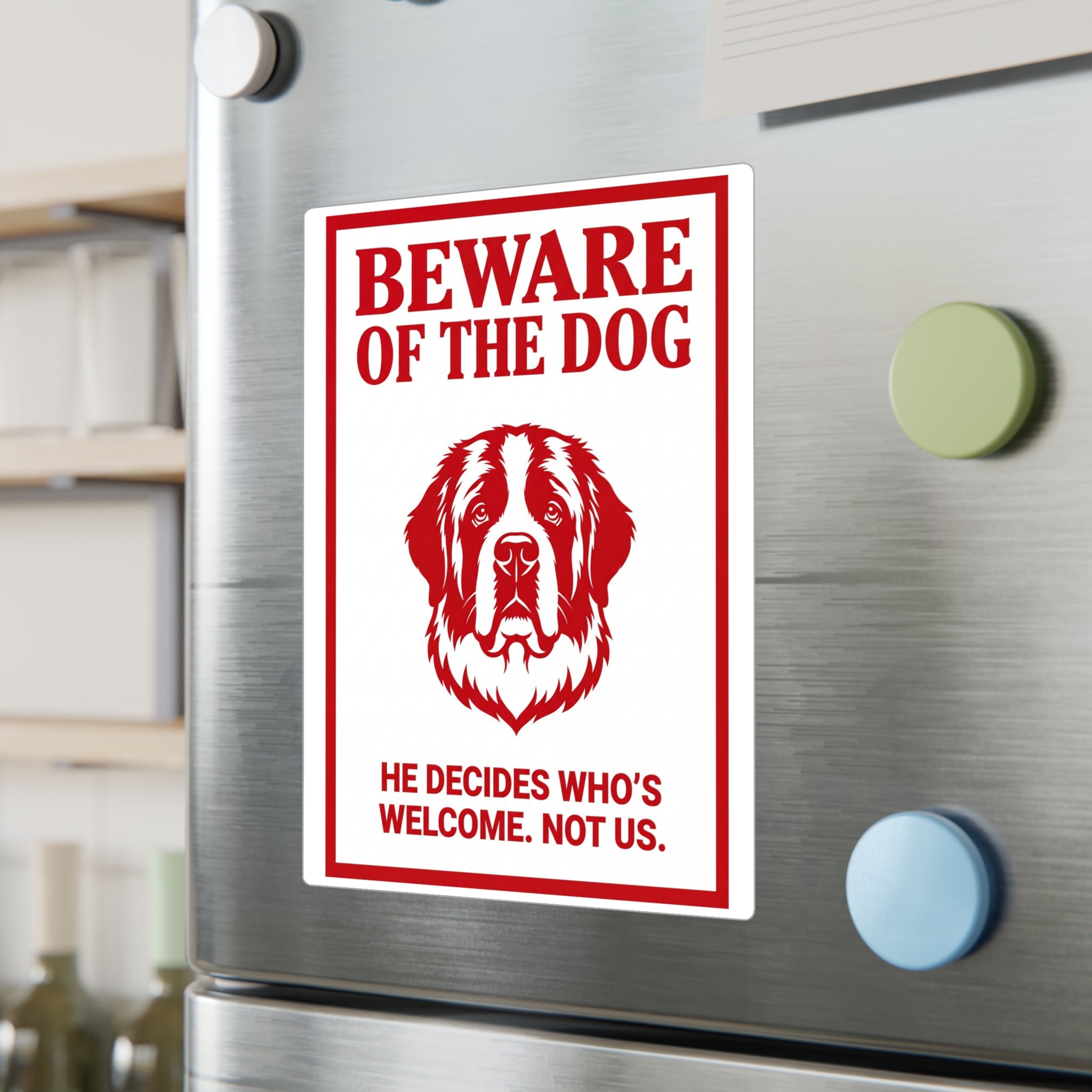 Beware of Saint Bernard Sign – Bold Red Portrait Outdoor Vinyl Decal – lifestyle view