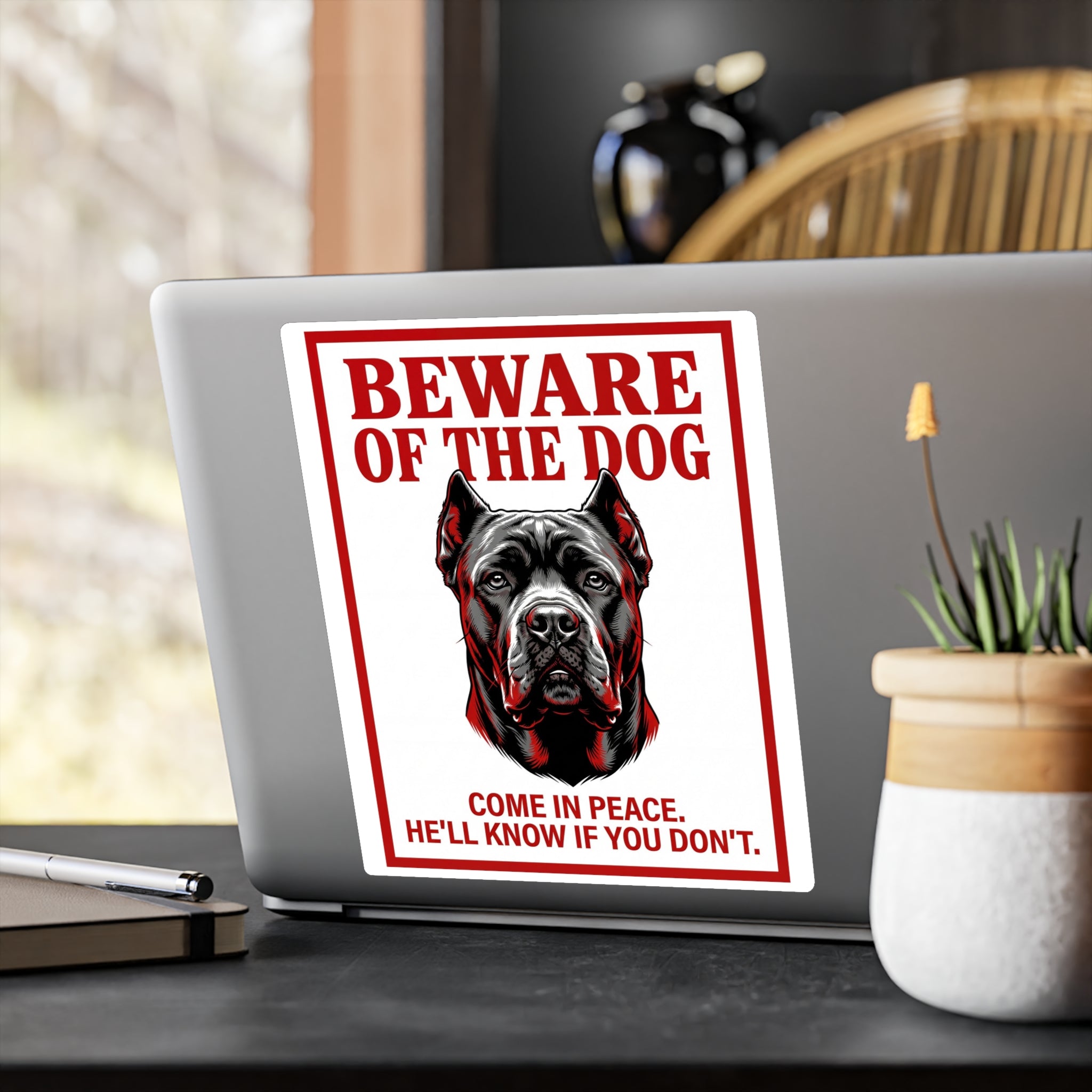 Beware of Cane Corso Sign – Red & Black Portrait Outdoor Vinyl Decal – alternate view