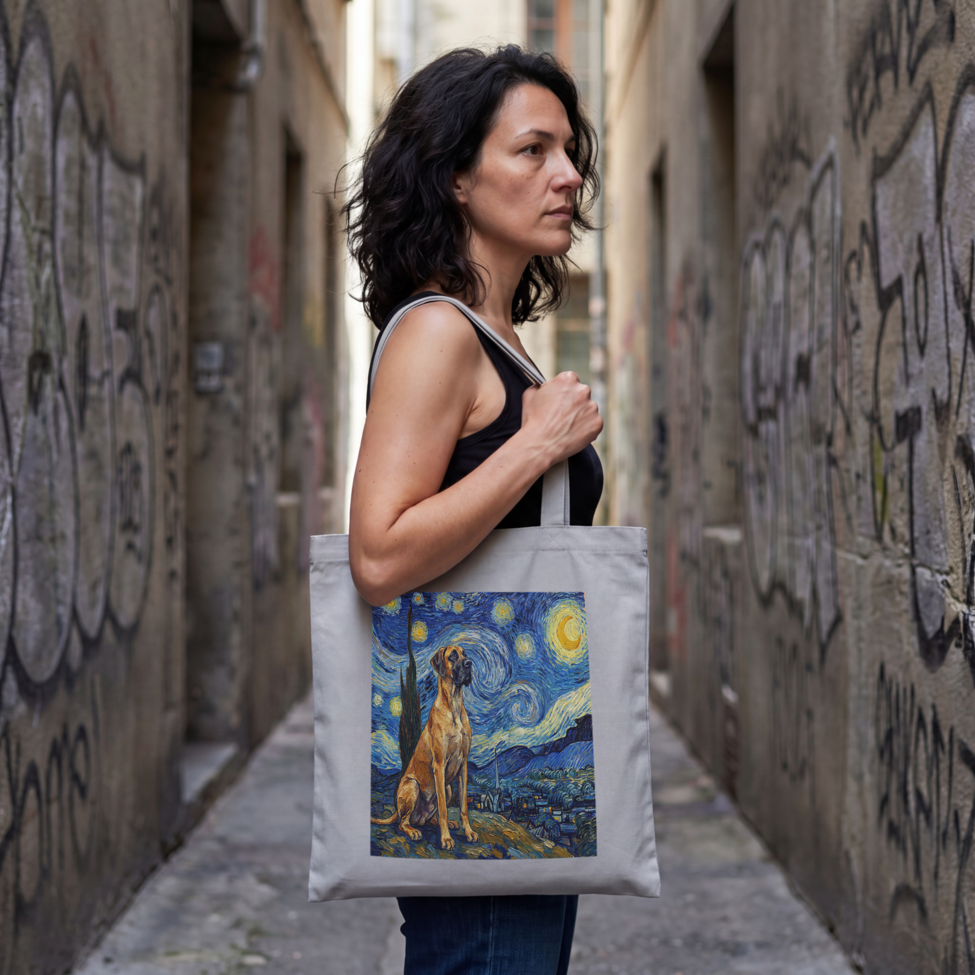 Van Gogh Great Dane Tote Bag – Starry Night Swirl Art Print