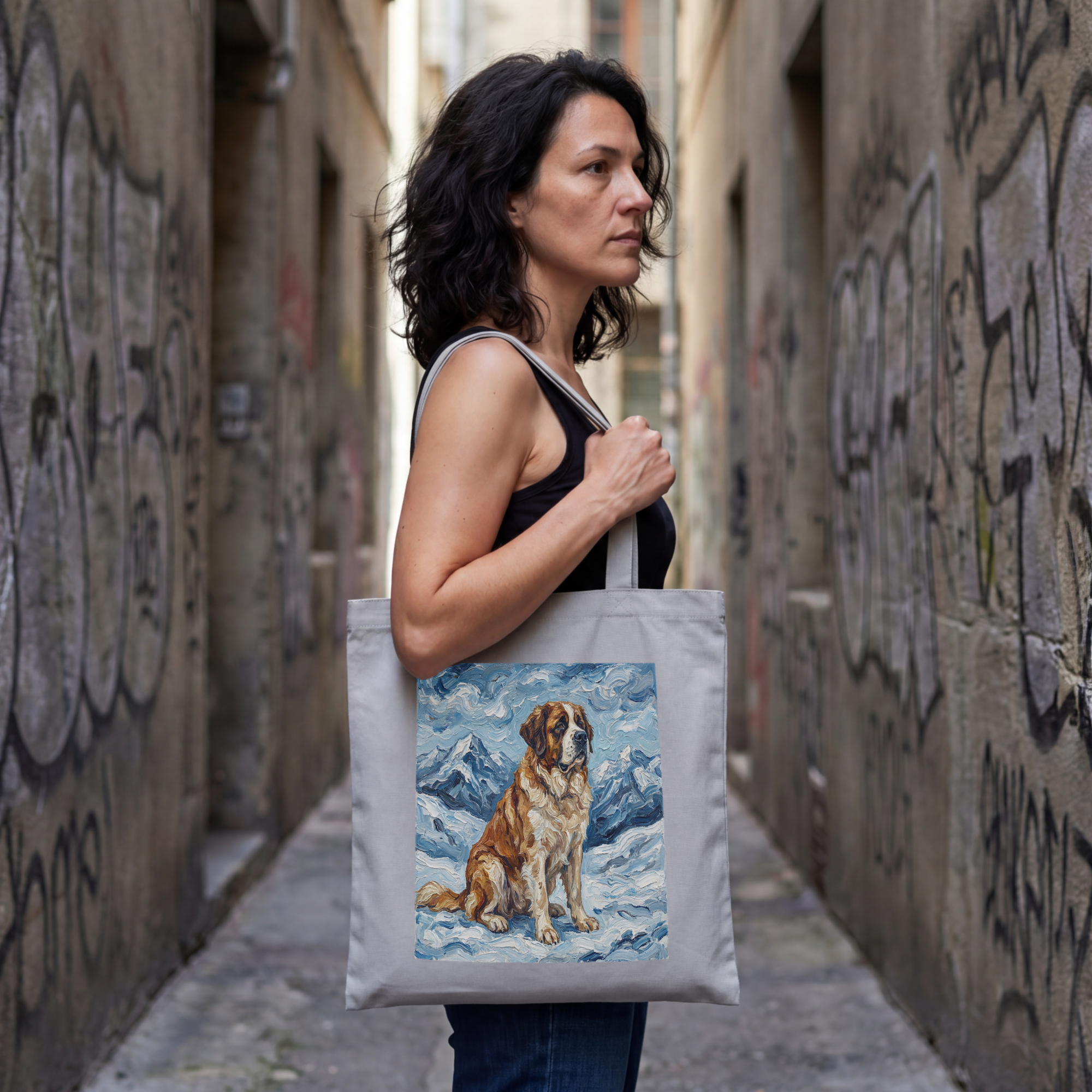 Van Gogh Style Saint Bernard Tote Bag – Alpine Snow Art Print