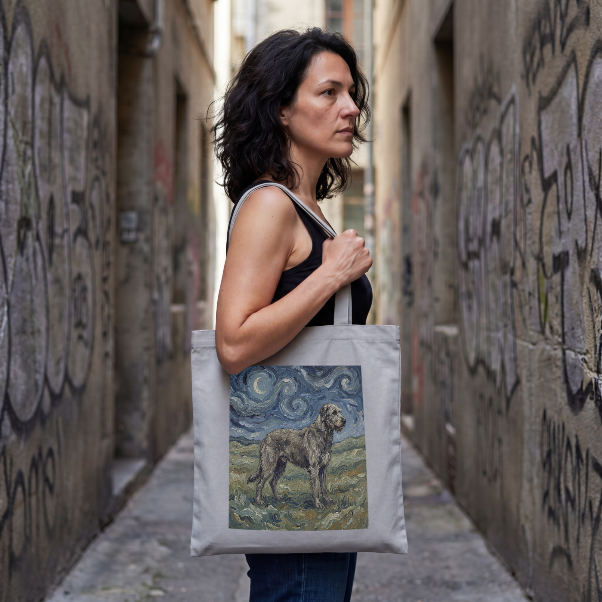 Van Gogh Style Irish Wolfhound Tote Bag – Swirling Night Sky Art Print