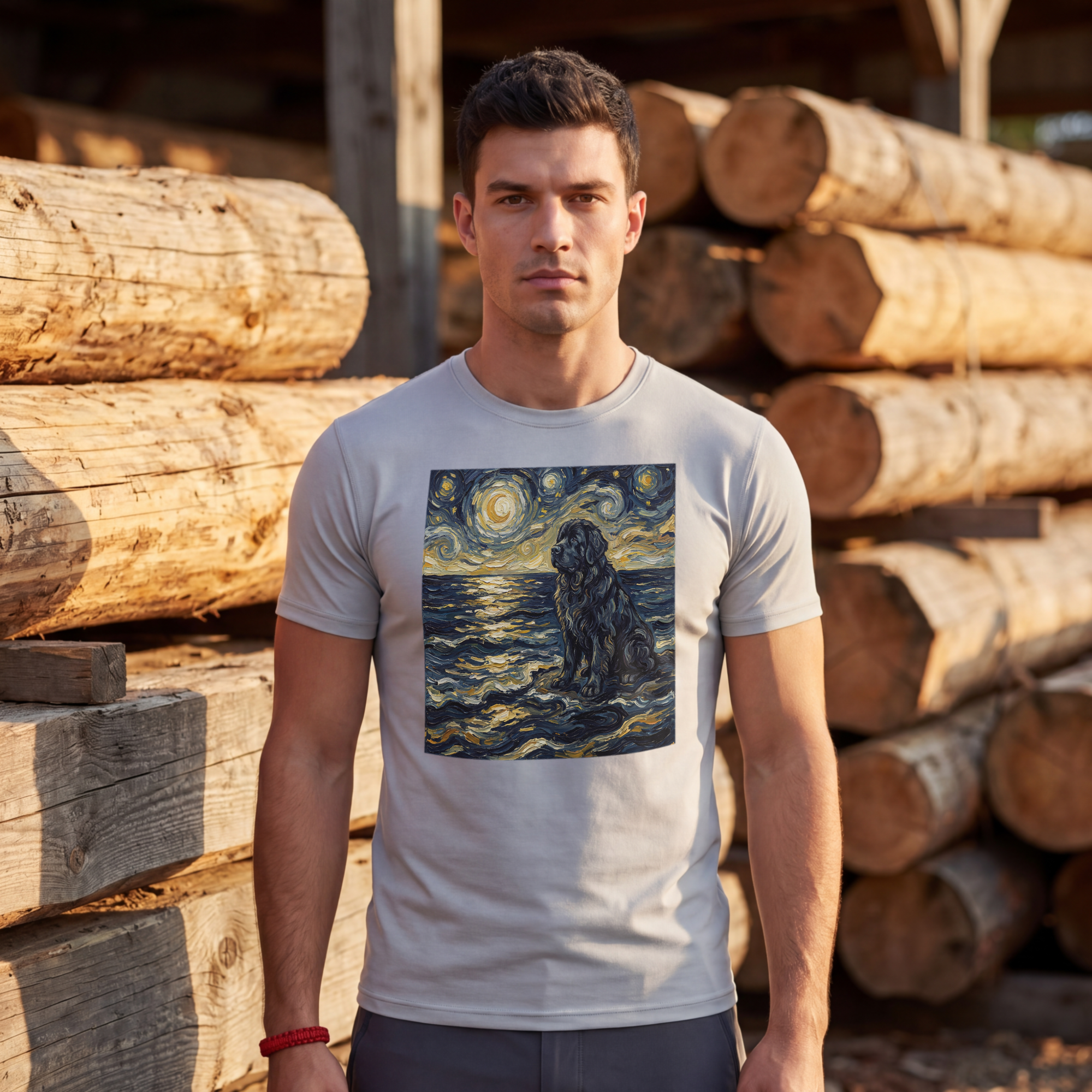Van Gogh Style Newfoundland T-Shirt — Moonlit Ocean Waves Art Print