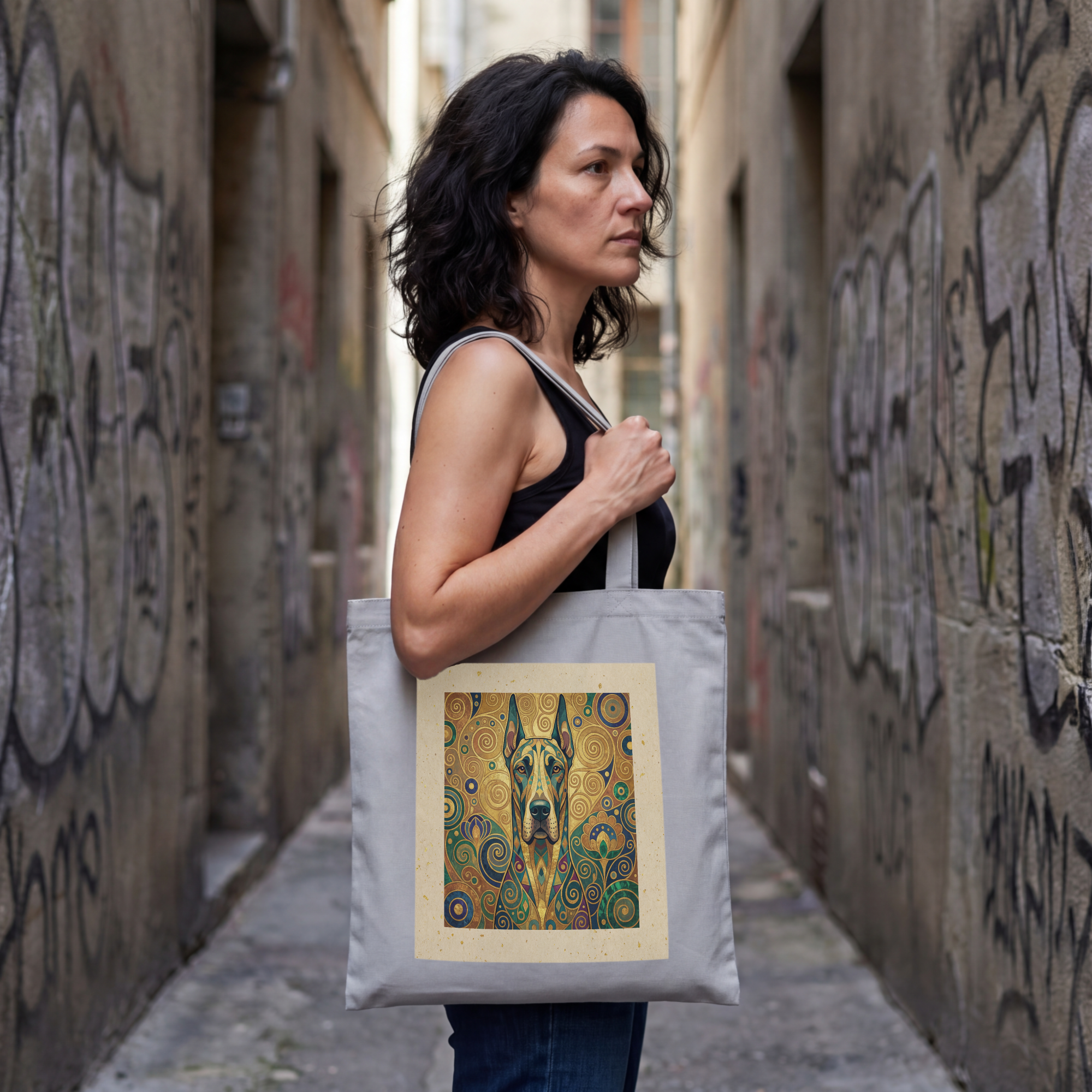 Klimt Style Great Dane Tote Bag – Gold Spiral Mandala Art Print