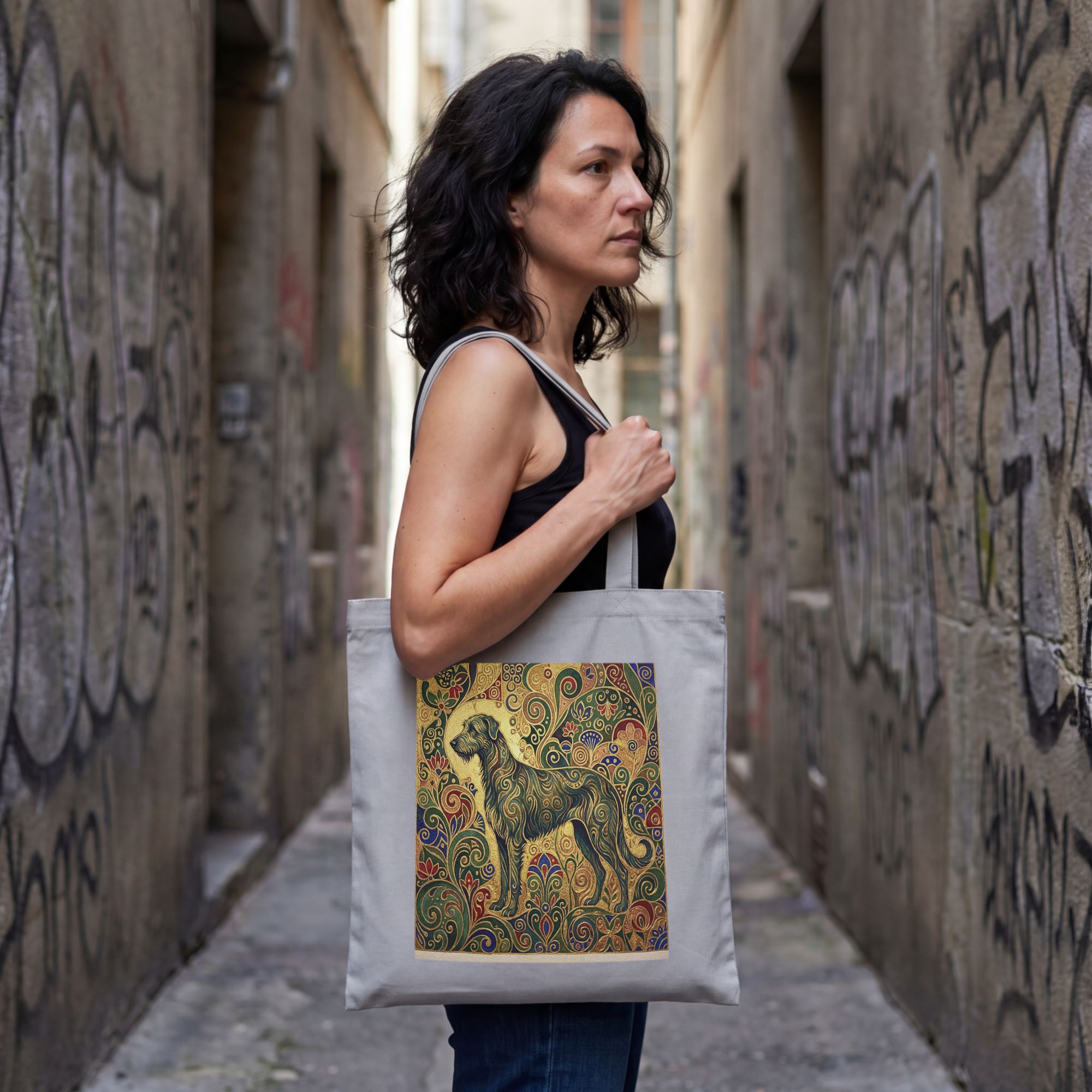 Klimt Style Irish Wolfhound Tote Bag – Gold & Emerald Swirl Art Print – alternate view