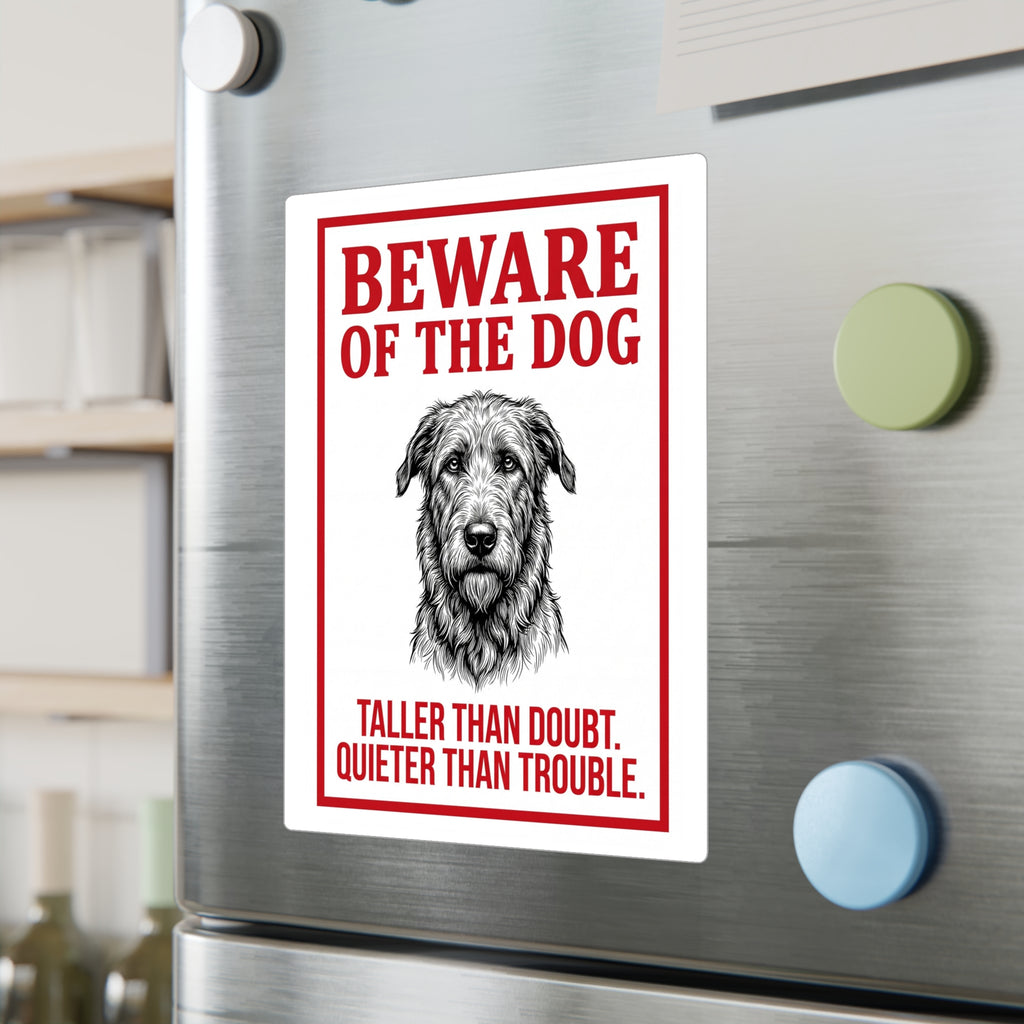 Beware of Irish Wolfhound Sign – Red Block Letter Outdoor Vinyl Decal – lifestyle view