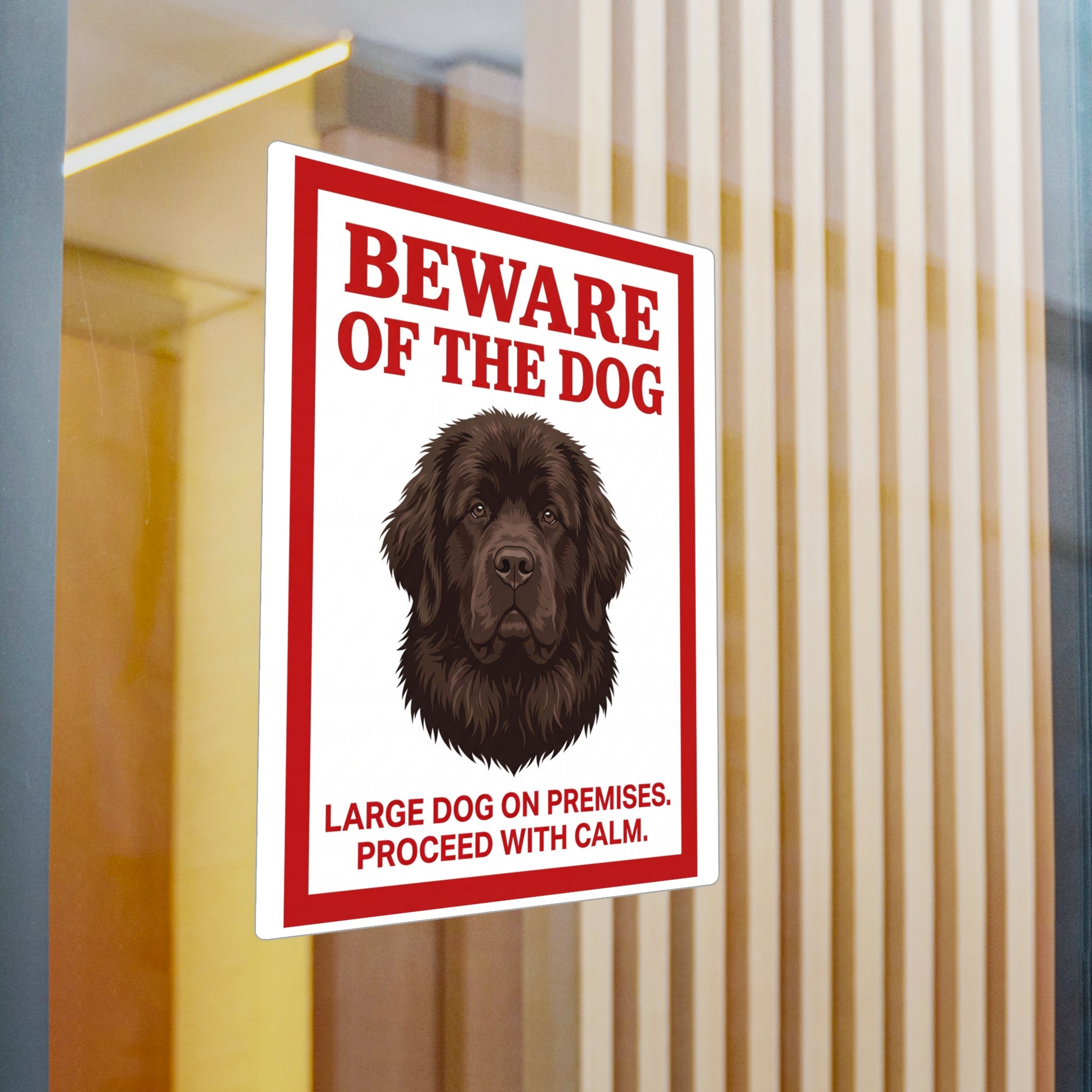 Beware of Newfoundland Sign – Dark Chocolate Portrait Outdoor Vinyl Decal – detail view