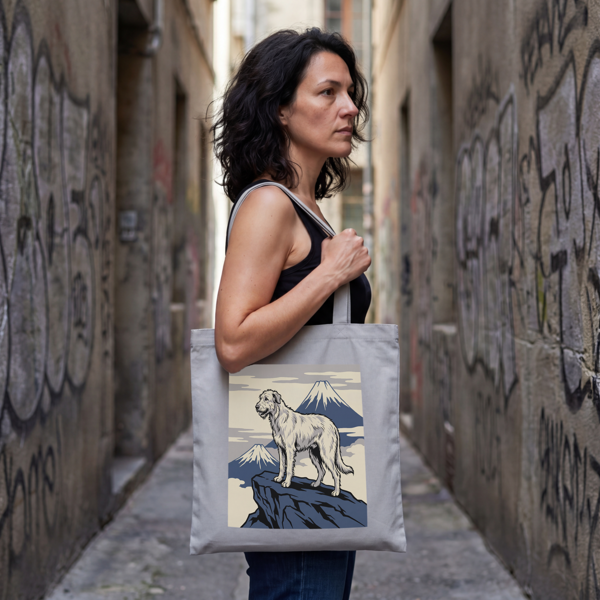 Hokusai-Style Irish Wolfhound Tote Bag – Mountain Summit Art Print